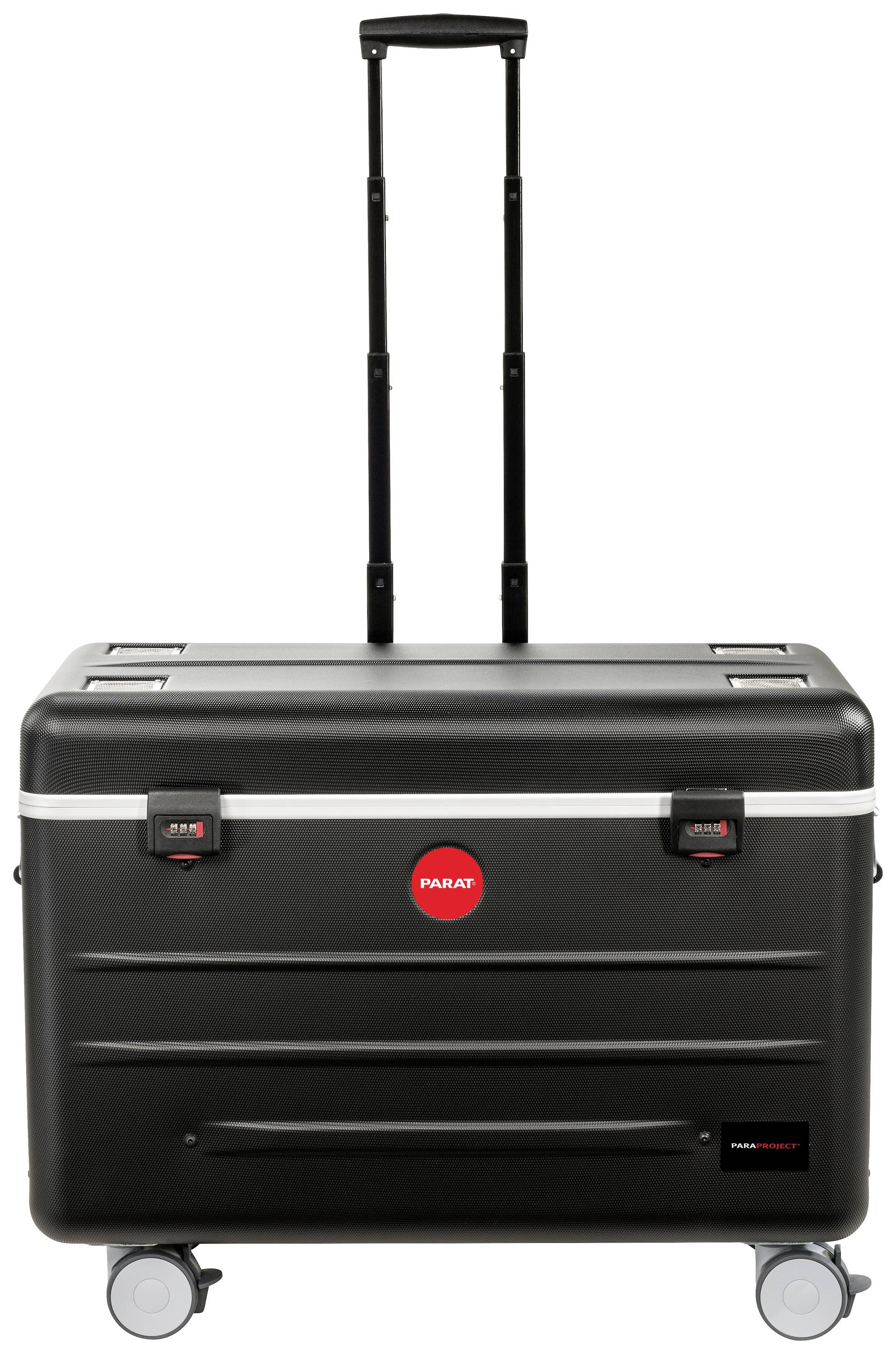 Zwarte trolleykoffer met uittrekbare handgreep en vier wielen, centraal rood logo en twee zijsloten.