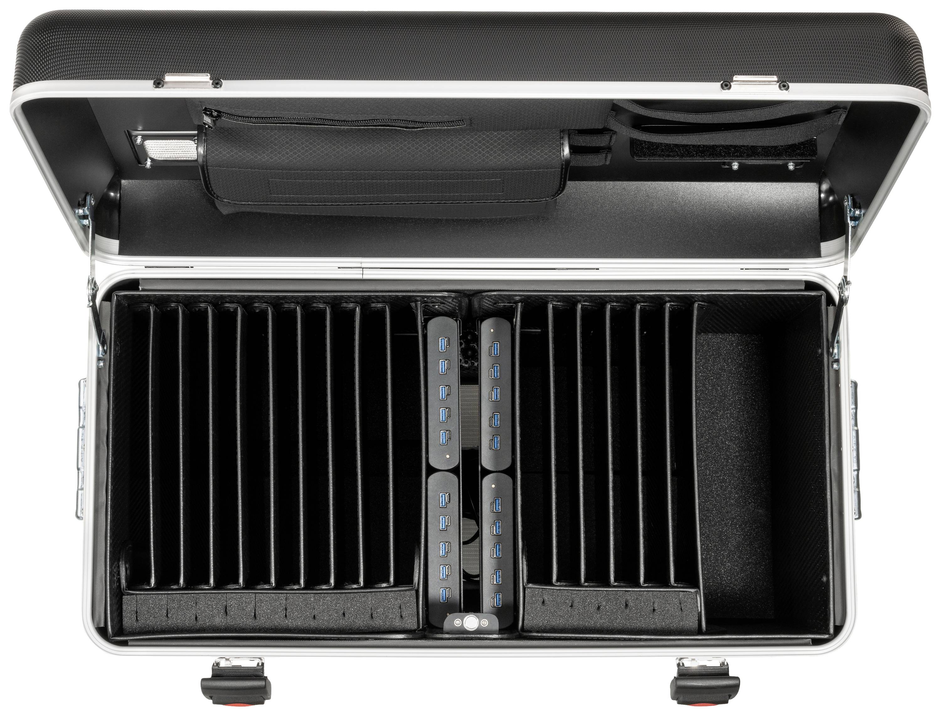 Zwarte open koffer met meerdere compartimenten voor het veilig opbergen van apparaten.