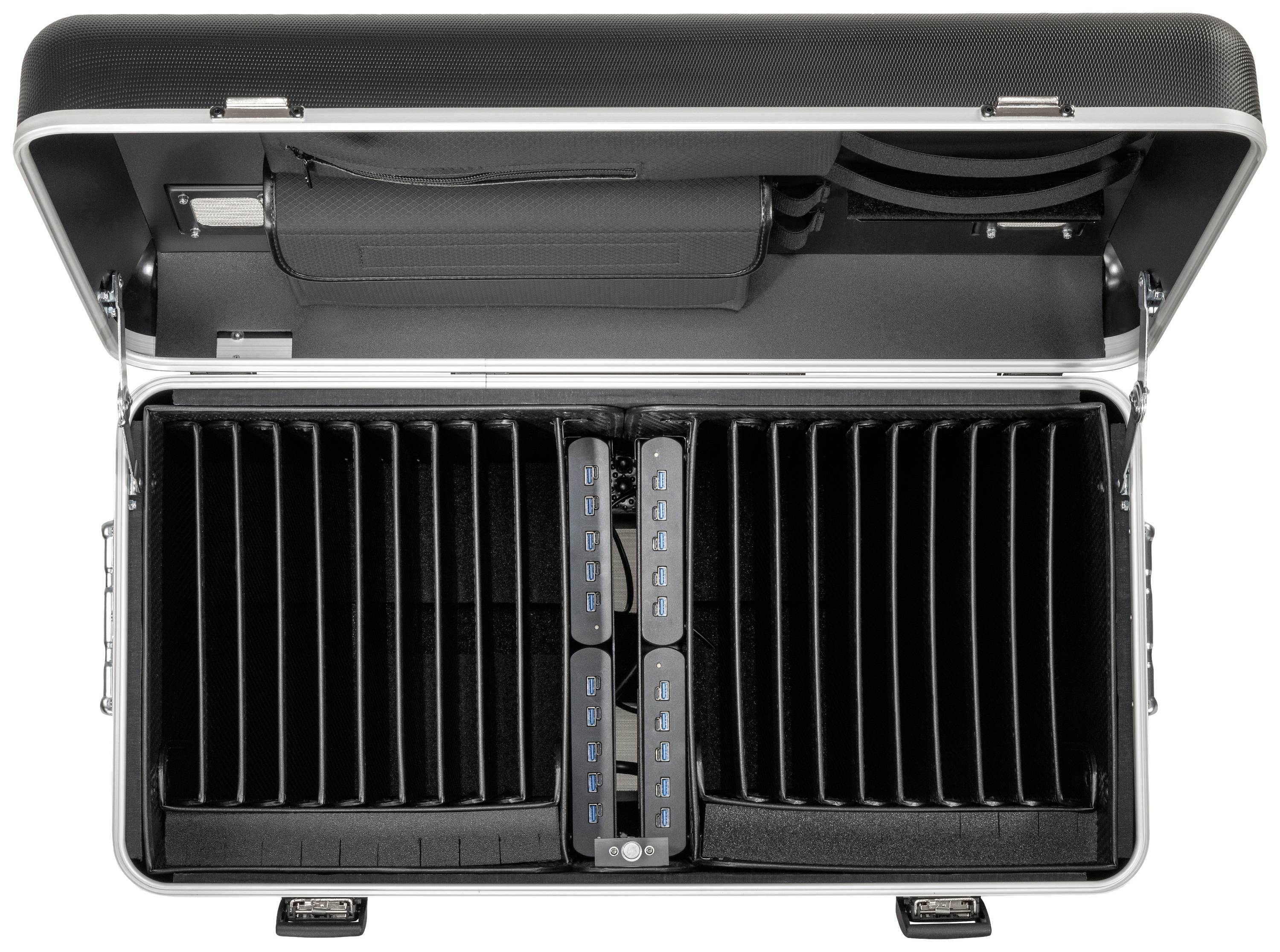 Een geopende hardcase koffer met meerdere compartimenten voor het opbergen van laptops of tablets, van binnen gedempt voor bescherming.