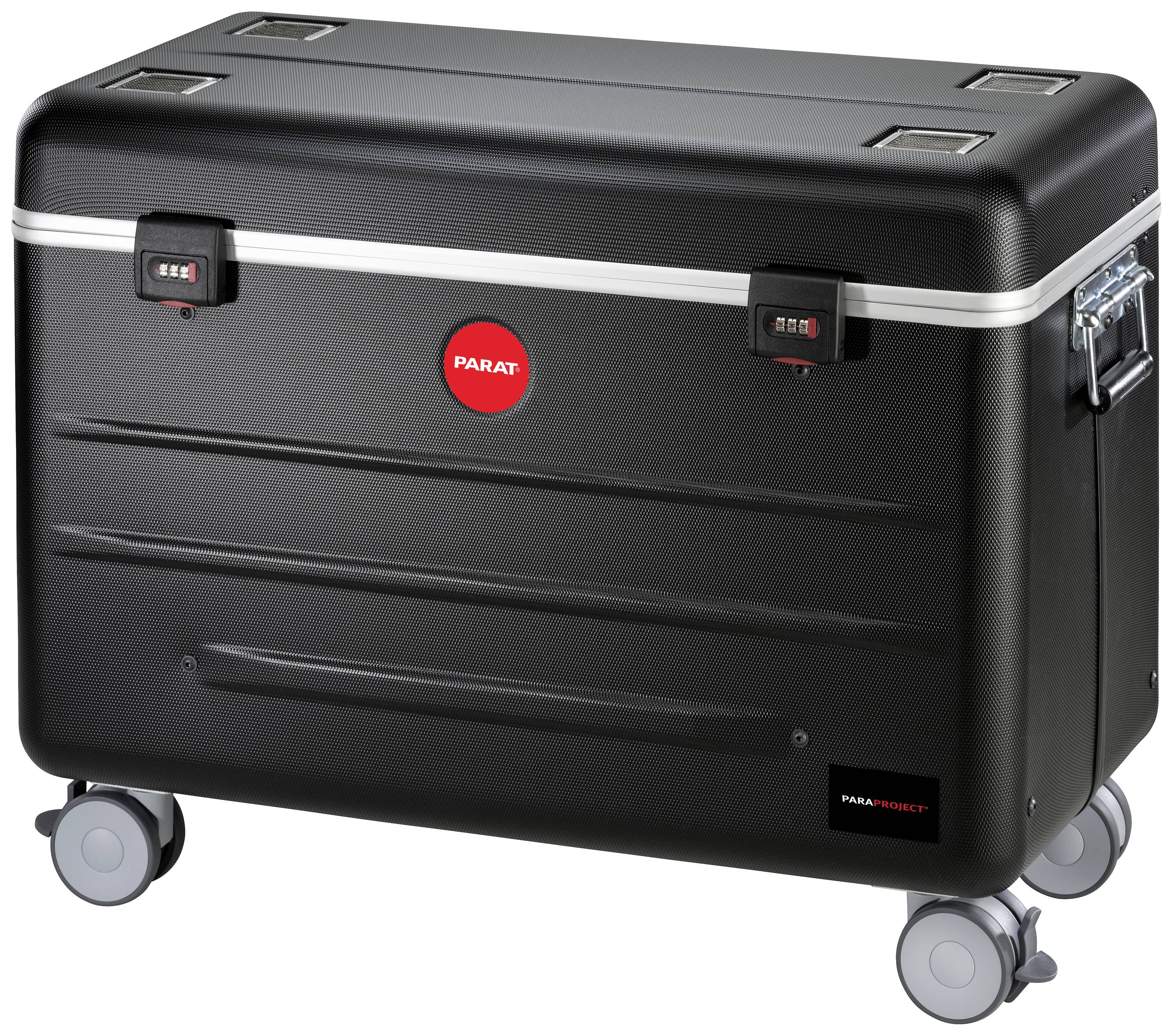 Zwarte, robuuste rolkoffer met zilveren handgreep en rode accenten. Koffersloten en vier wielen voor gemakkelijk transport.