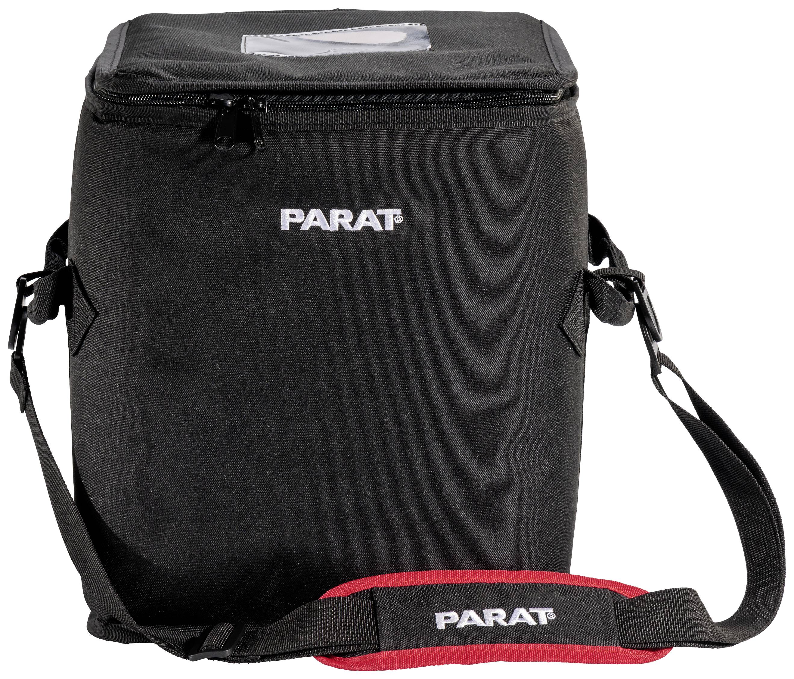 Een zwarte draagtas met het opschrift 'PARAT' op de voorkant, voorzien van een schouderband en een rits.