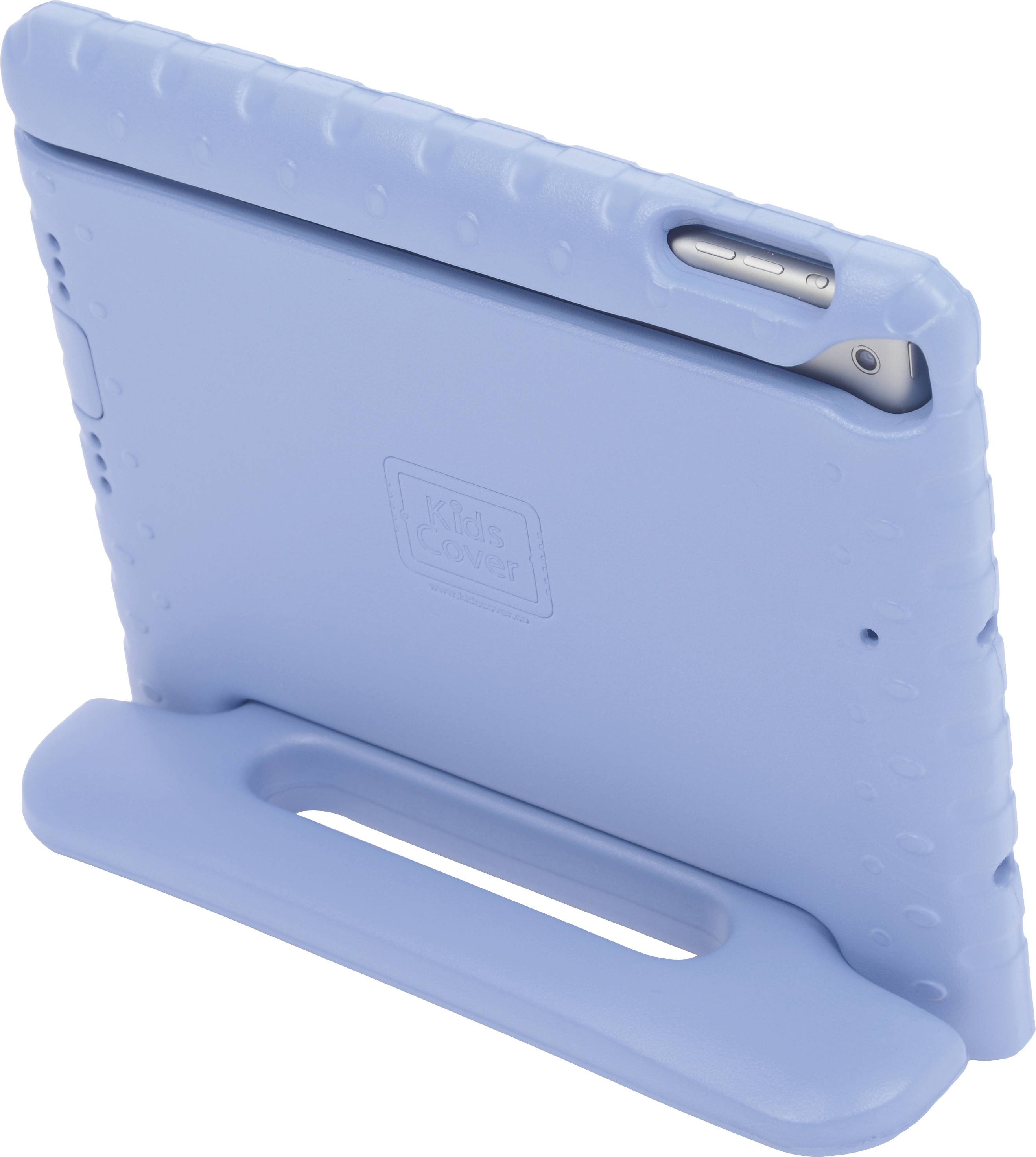 Een blauwe tablet-hoes met geïntegreerde standaard, ideaal voor kinderen. Hij is stevig en heeft een gestructureerd oppervlak voor een goede grip.