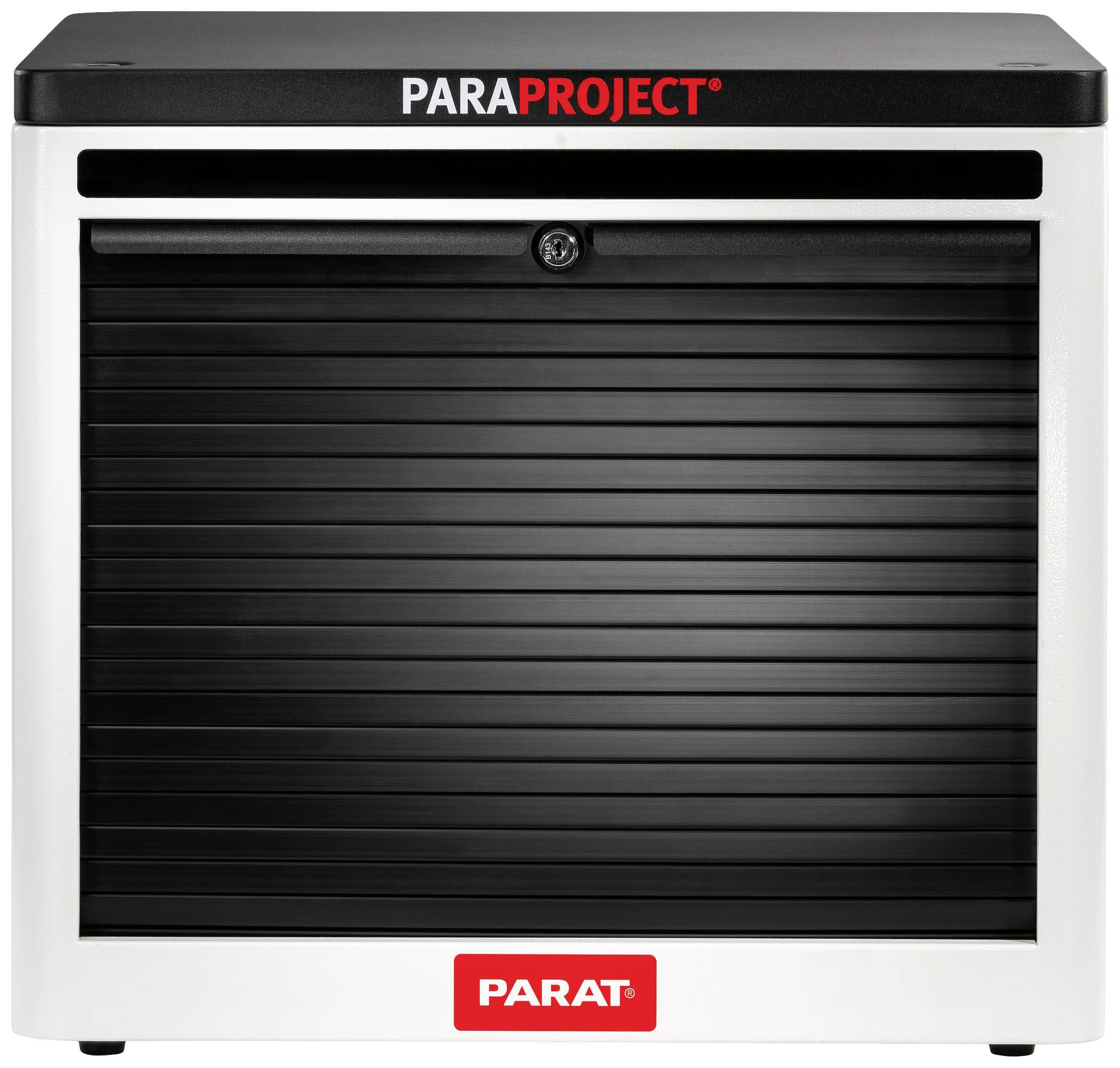 Zwarte, afsluitbare kast met het rode logo 'PARAPROJECT' bovenaan en 'PARAT' onderaan, bedoeld voor de veilige opslag van elektronische apparaten.