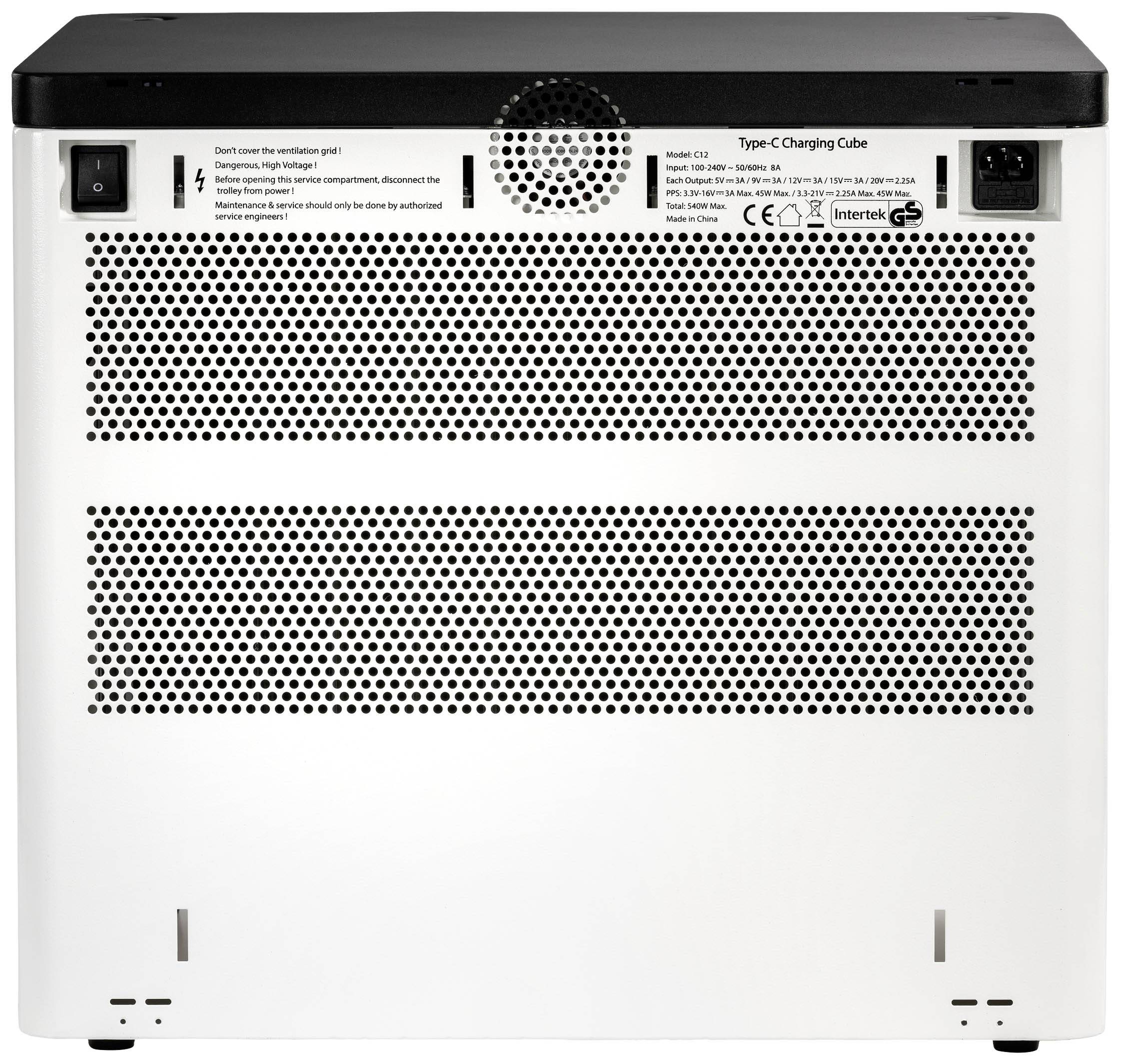 Een wit apparaat met ventilatierooster en aansluitingen. Bovenaan zijn aansluitingen zichtbaar voor netwerk- en communicatiekabels.