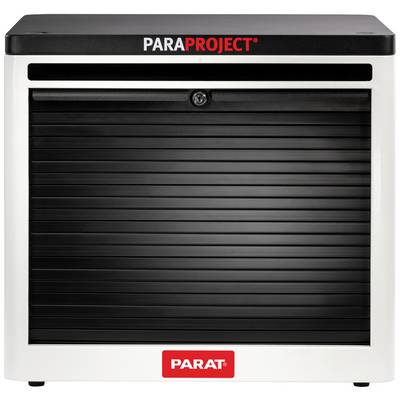 Afgesloten, rechthoekige laadwagen van PARAT, met een zwarte rolluik en de tekst 'PARAPROJECT' bovenaan.
