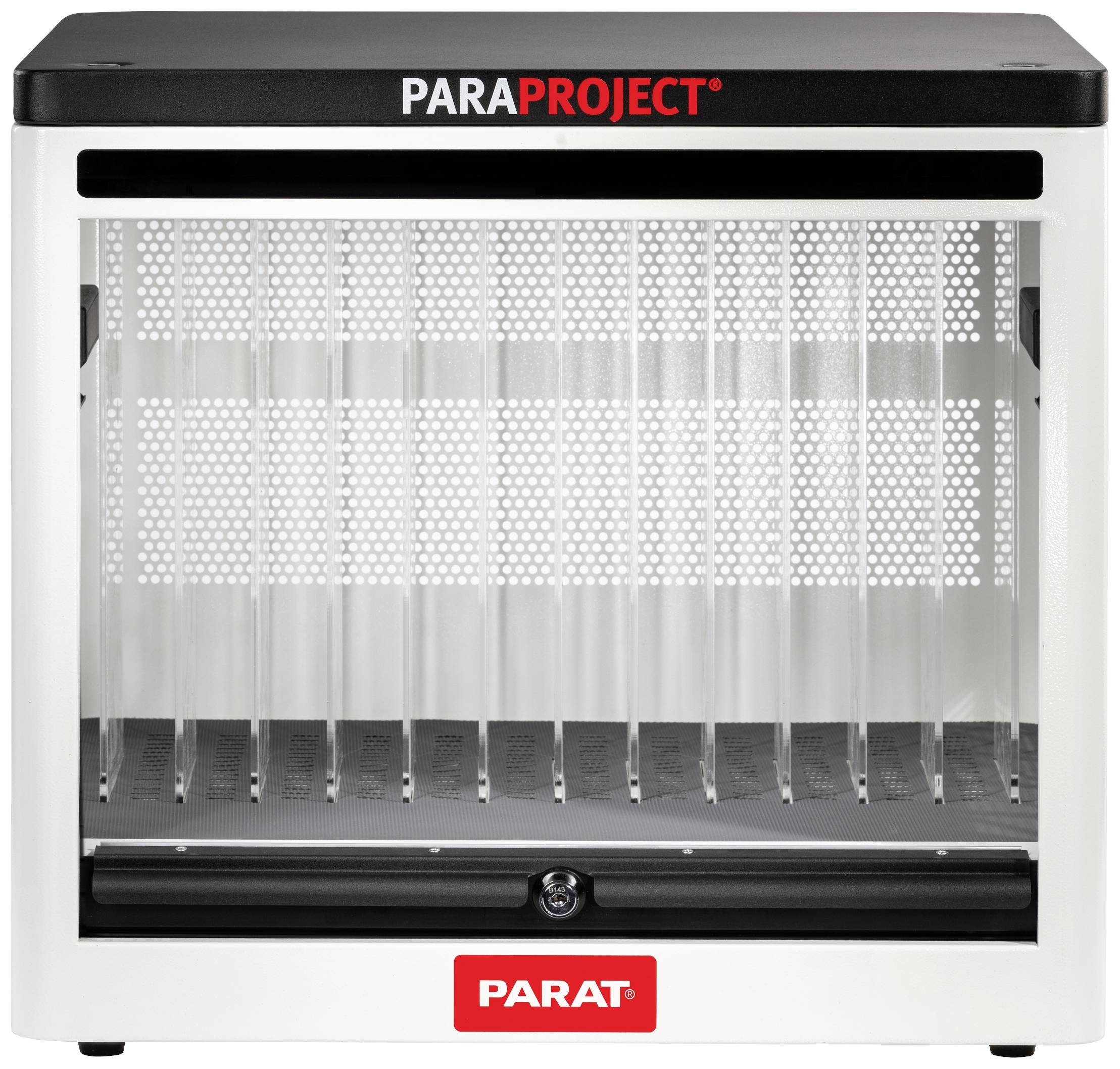 'Laad- en opslagkast voor elektronische apparaten, wit met zwarte accenten, merkopdruk 'PARAPROJECT' bovenaan.'