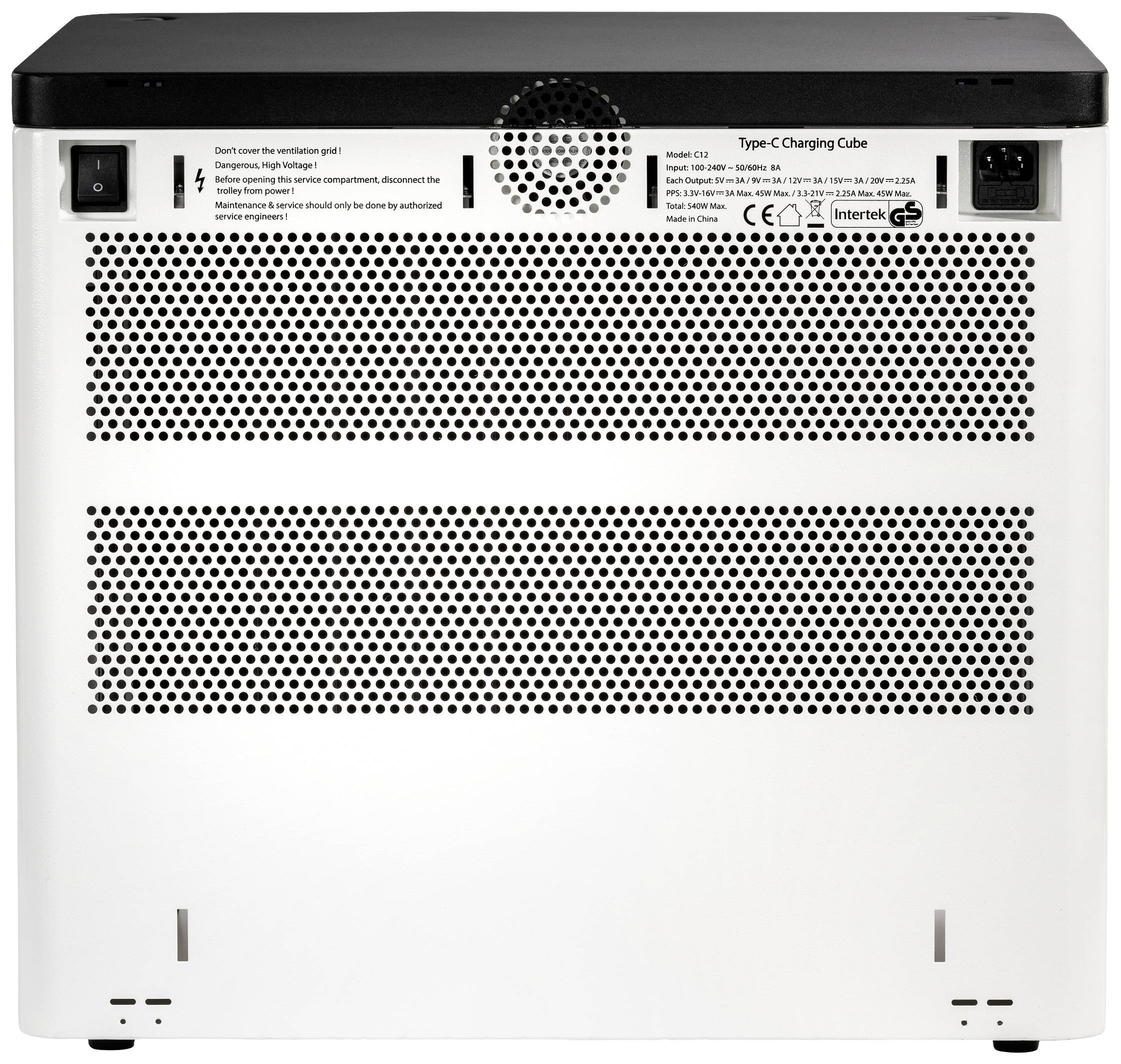 Een wit elektrisch apparaat met een zwart bovendeel. Heeft ventilatiesleuven, aansluitingen en veiligheidsinstructies aan de achterkant.