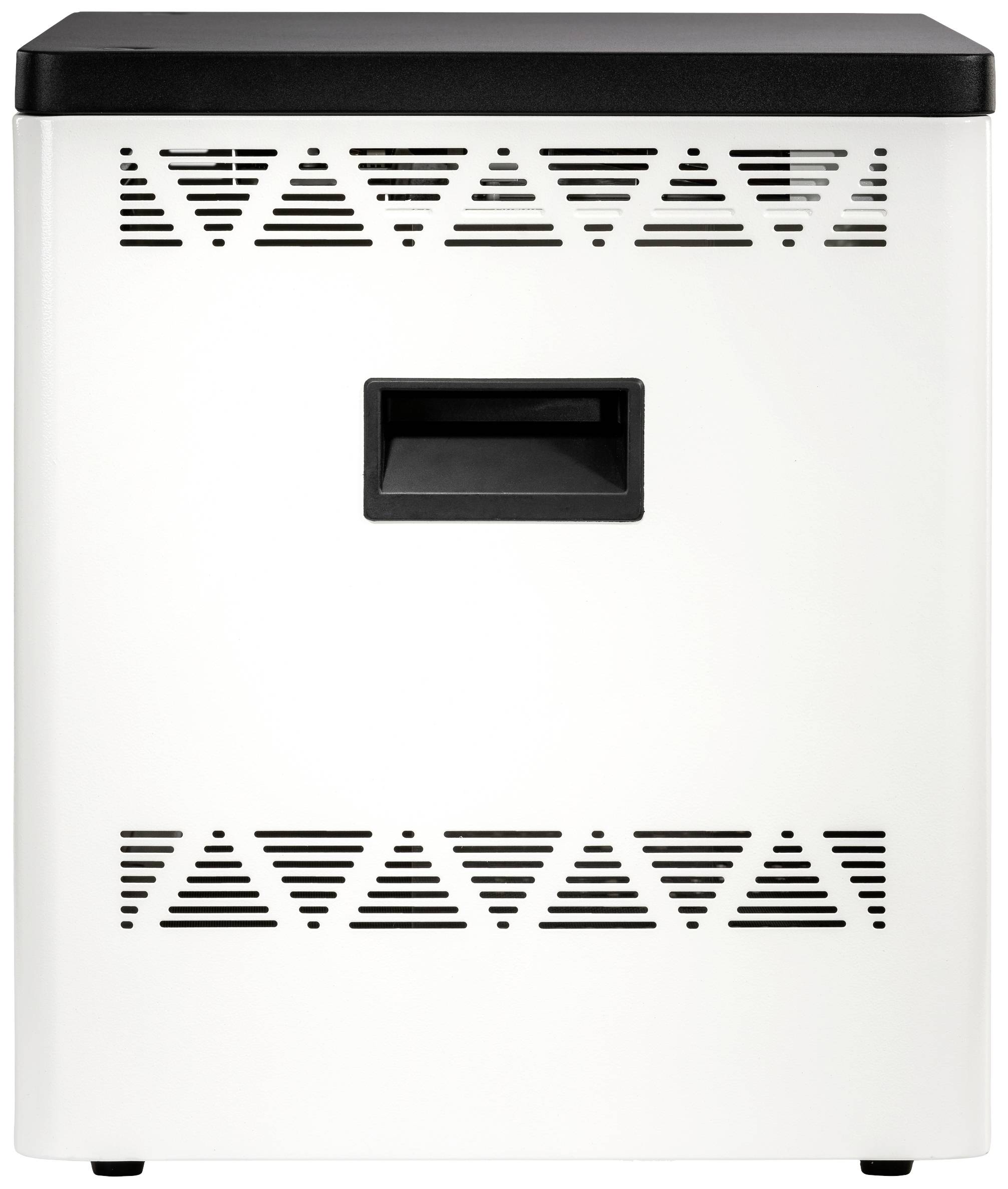 Witte, kubieke machine met ventilatiesleuven in driehoeksvorm en een handgreep in het midden van de voorkant.