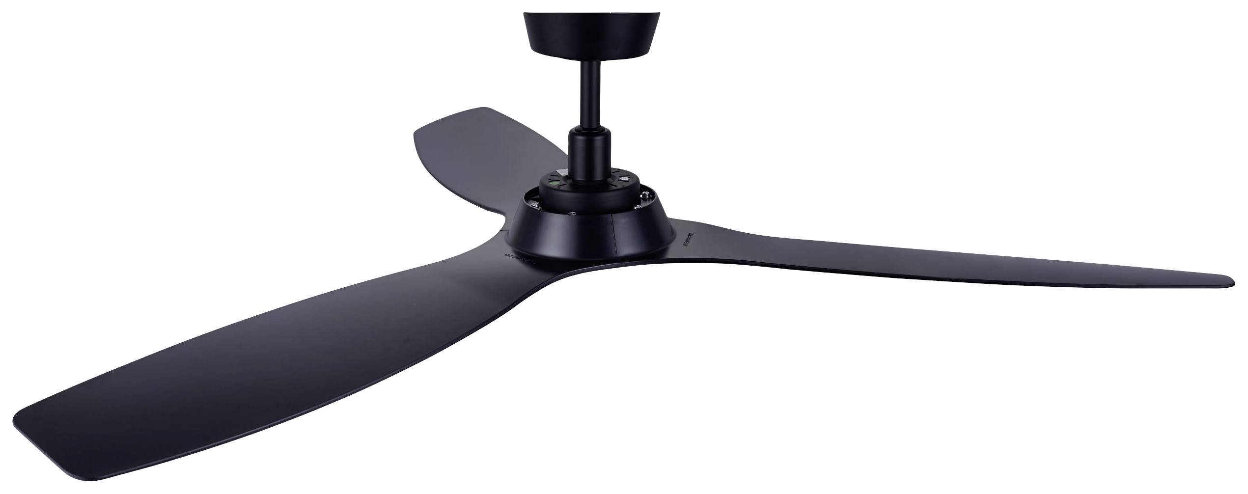 Plafondventilator met drie zwarte vleugels en een modern design.