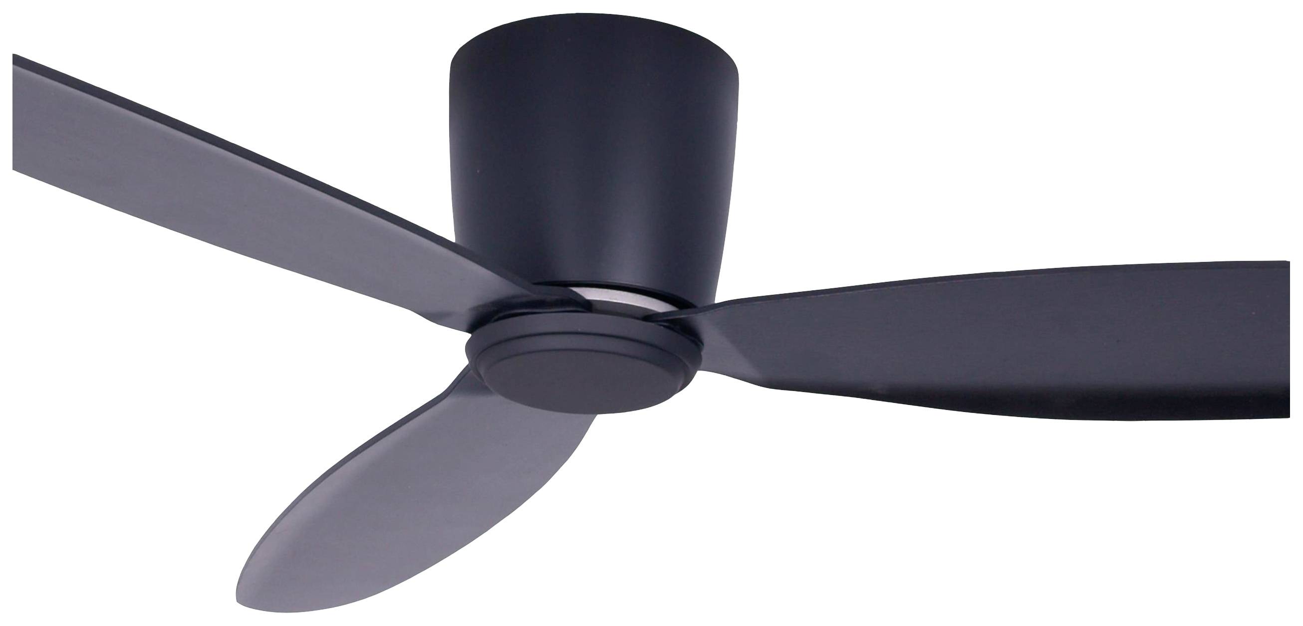 Een plafondventilator met drie zwarte vleugels en een rond, zwart bevestigingsstuk. Ideaal voor de ventilatie van binnenruimtes.
