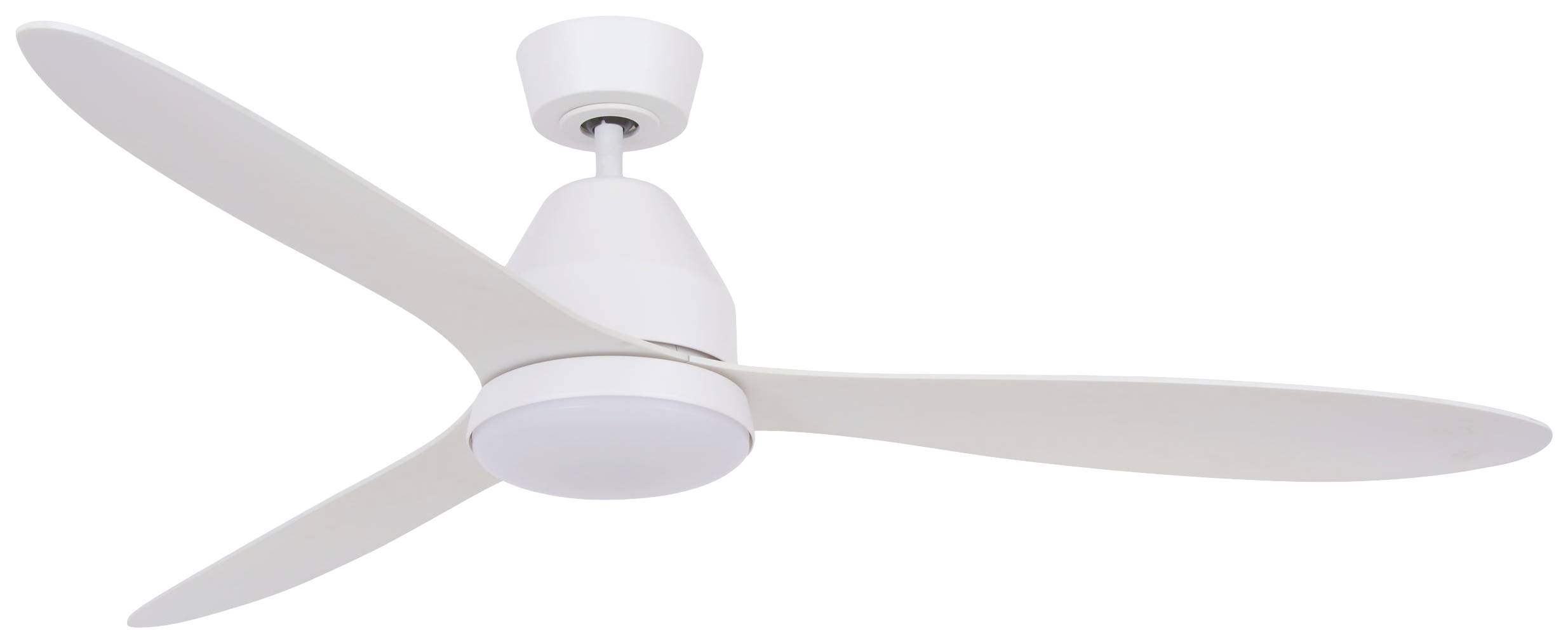 Een eenvoudige, moderne plafondventilator met drie witte bladen.