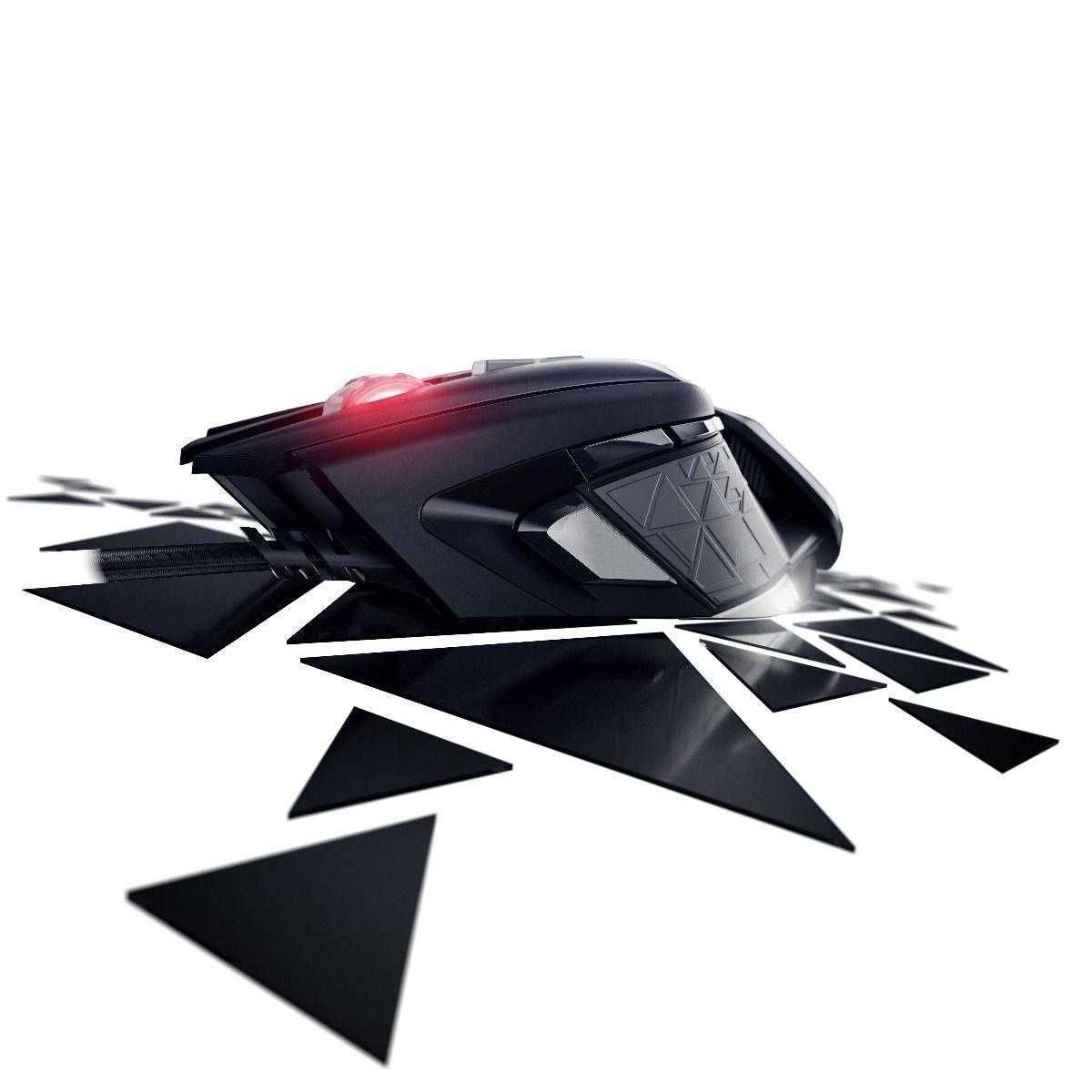 Een zwarte gaming-muis met rood verlicht scrollwiel, omgeven door zwarte, uiteenvallende driehoeksvormen.