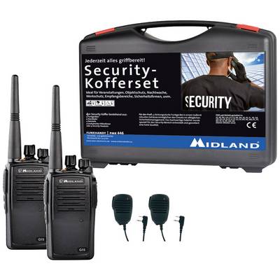 'Midland Security-kofferset: Portofoons, microfoons en etui. Ideaal voor evenementen en beveiligingspersoneel.'