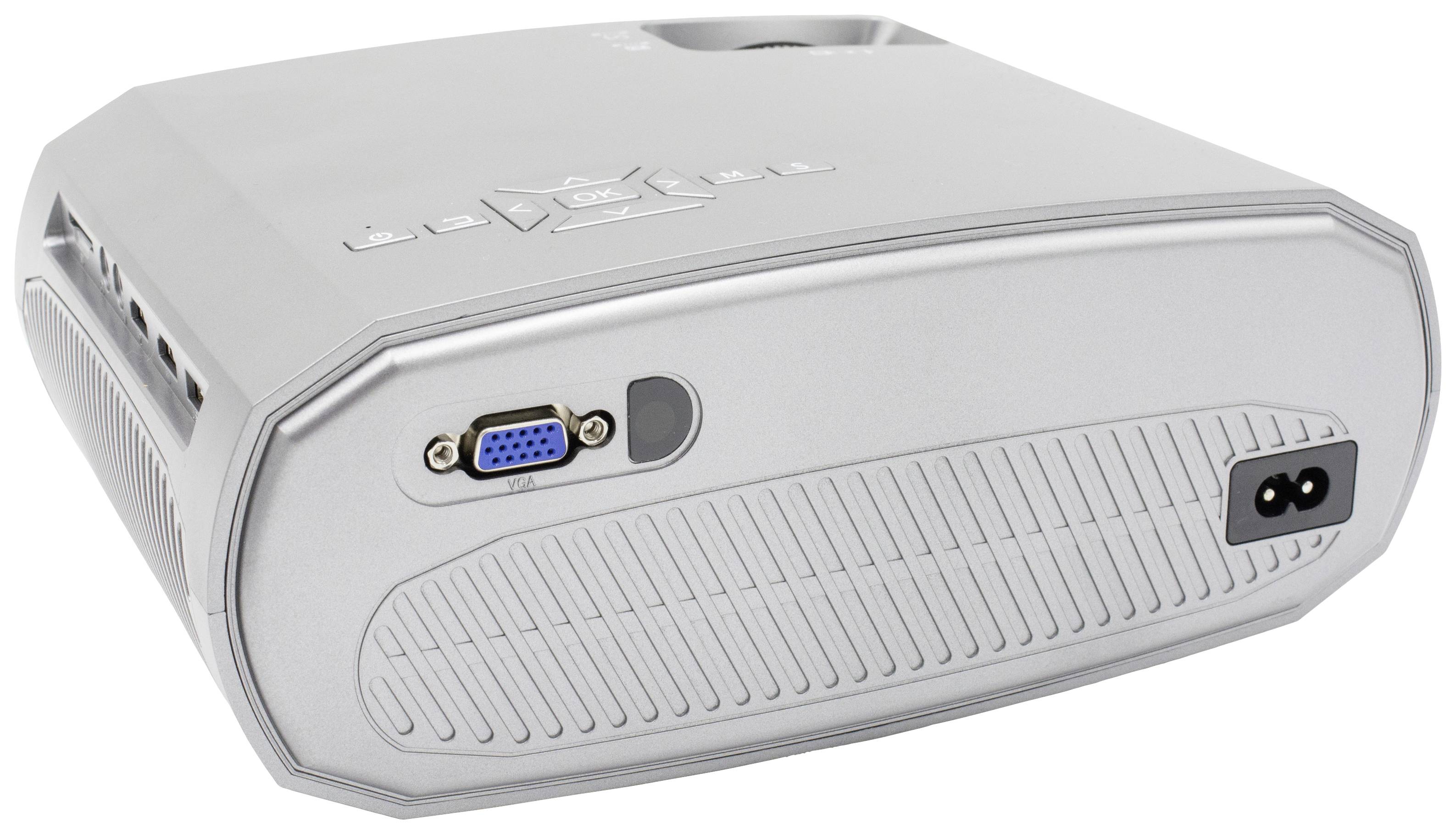 Grijze multimediaprojectoren in een schuine weergave met aansluitingen, waaronder een VGA-poort en netstroomaansluiting.
