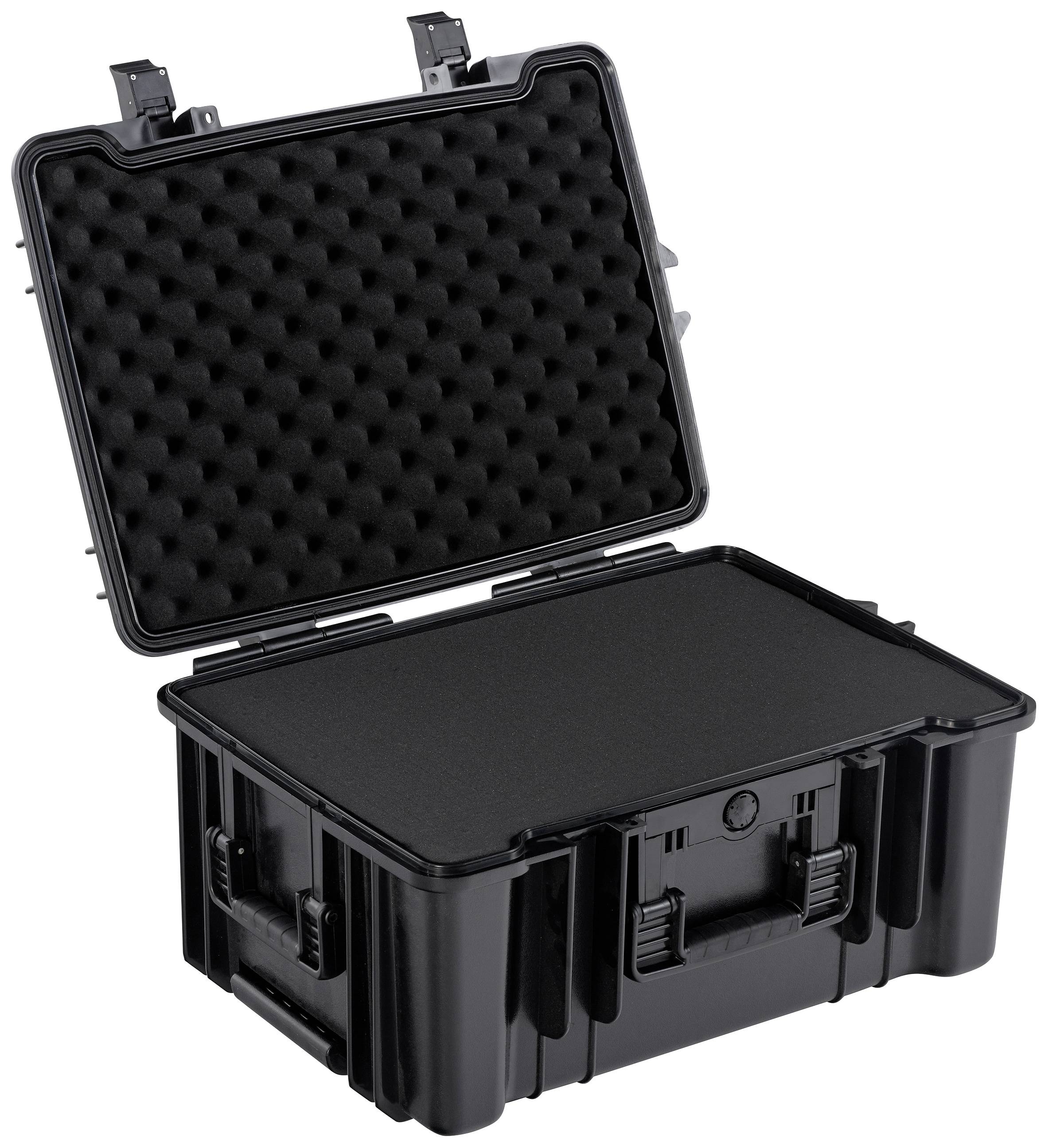 'Zwarte, open beschermkoffer met schuimvoering, geschikt voor het veilig vervoeren van kwetsbare voorwerpen.'