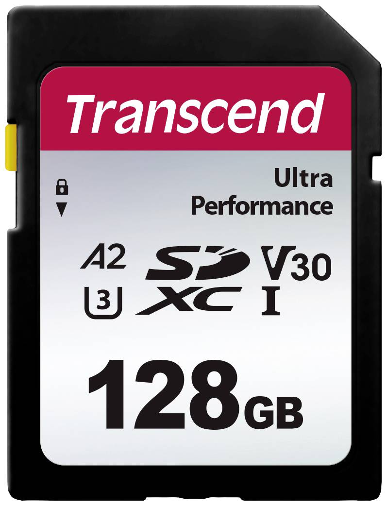 'Transcend 128 GB SD-kaart, Ultra Performance, A2, U3, V30, SDXC, Klasse 10, met hangslot-symbool linksboven.'