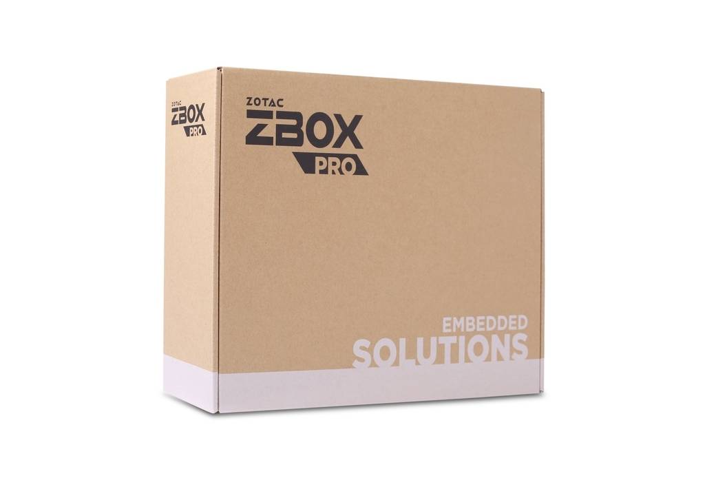 Een bruine verpakking met de tekst 'Zotac ZBOX Pro Embedded Solutions' in zwarte en witte letters.