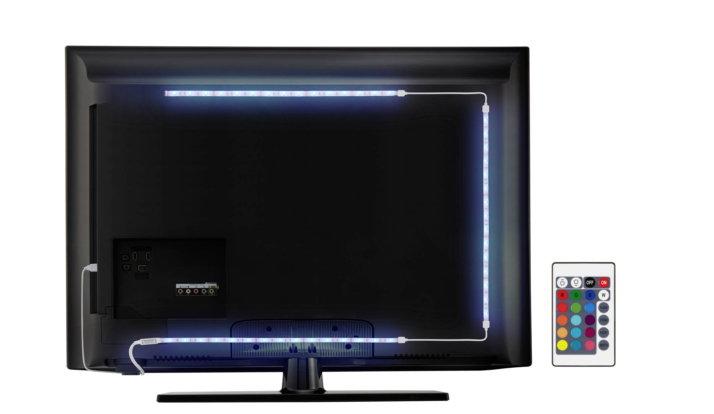 Achtergrondverlichting aan de achterkant van een televisie met afstandsbediening voor kleurregeling.