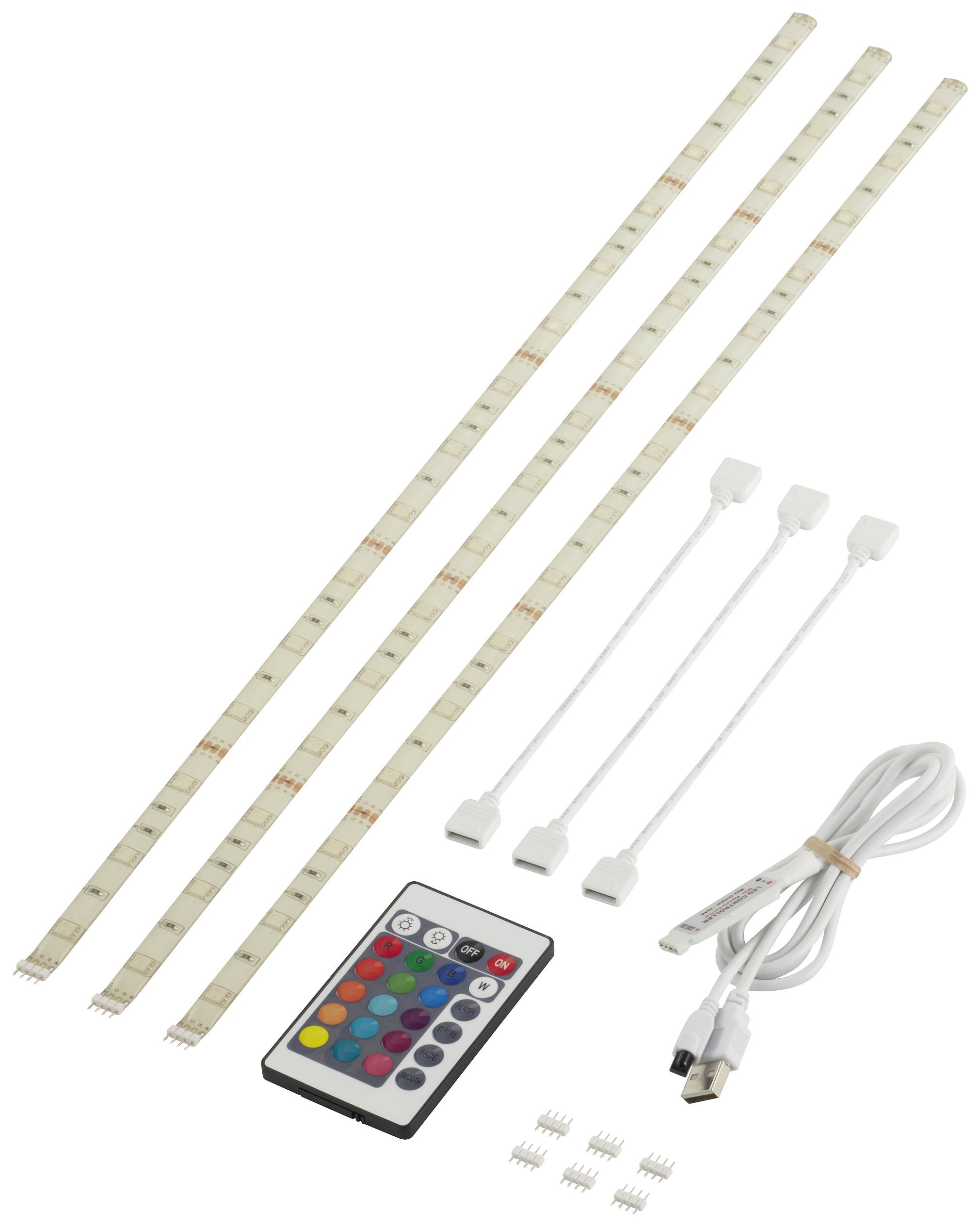 Drie LED-lichtbalken met afstandsbediening en USB-kabel voor veelzijdige verlichting, inclusief verbindingskabels en clips.