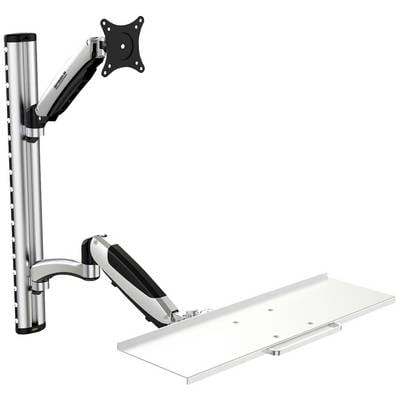 Monitorstandaard met verstelbare, zilveren metalen armstructuur voor wandmontage. Geïntegreerde planchet onder de arm.