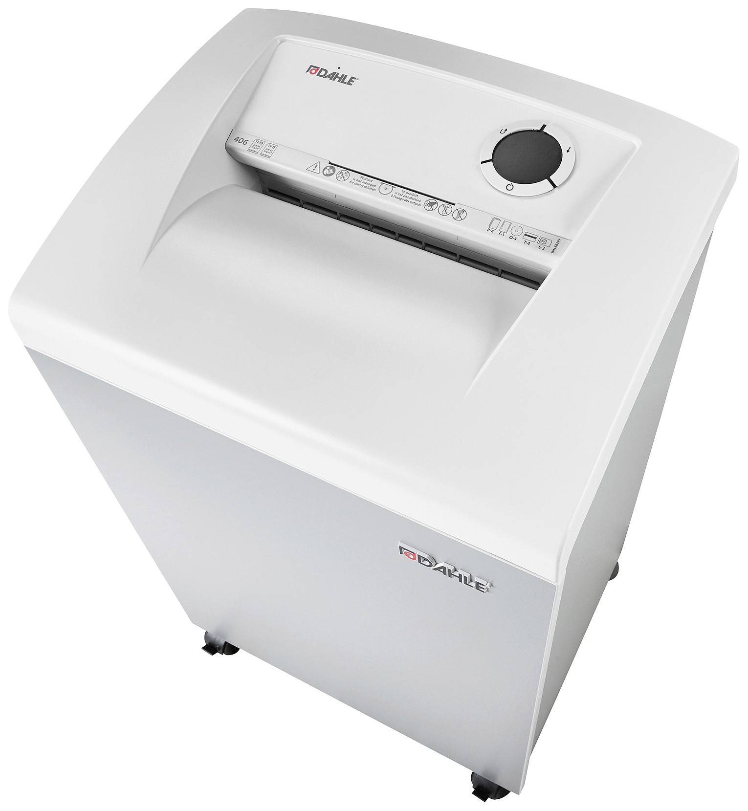 Een grijze papierversnipperaar met draaiknop en invoersleuf, geplaatst op wieltjes. Geschikt voor gebruik op kantoor.