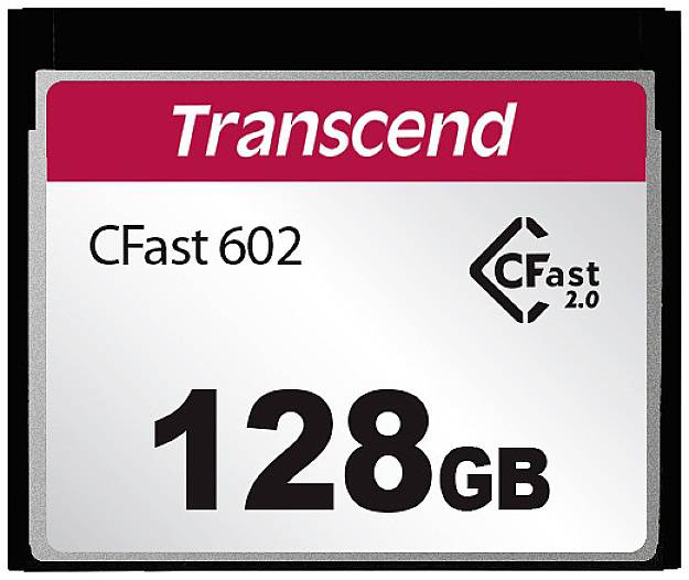 Een geheugenkaartweergave toont een Transcend CFast 602 met een capaciteit van 128 GB.