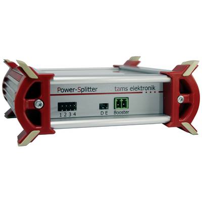 Een rood-wit elektronisch apparaat van Tams Elektronik met het opschrift 'Power-Splitter'. Het heeft aansluitingen voor 1 tot 4 modules.