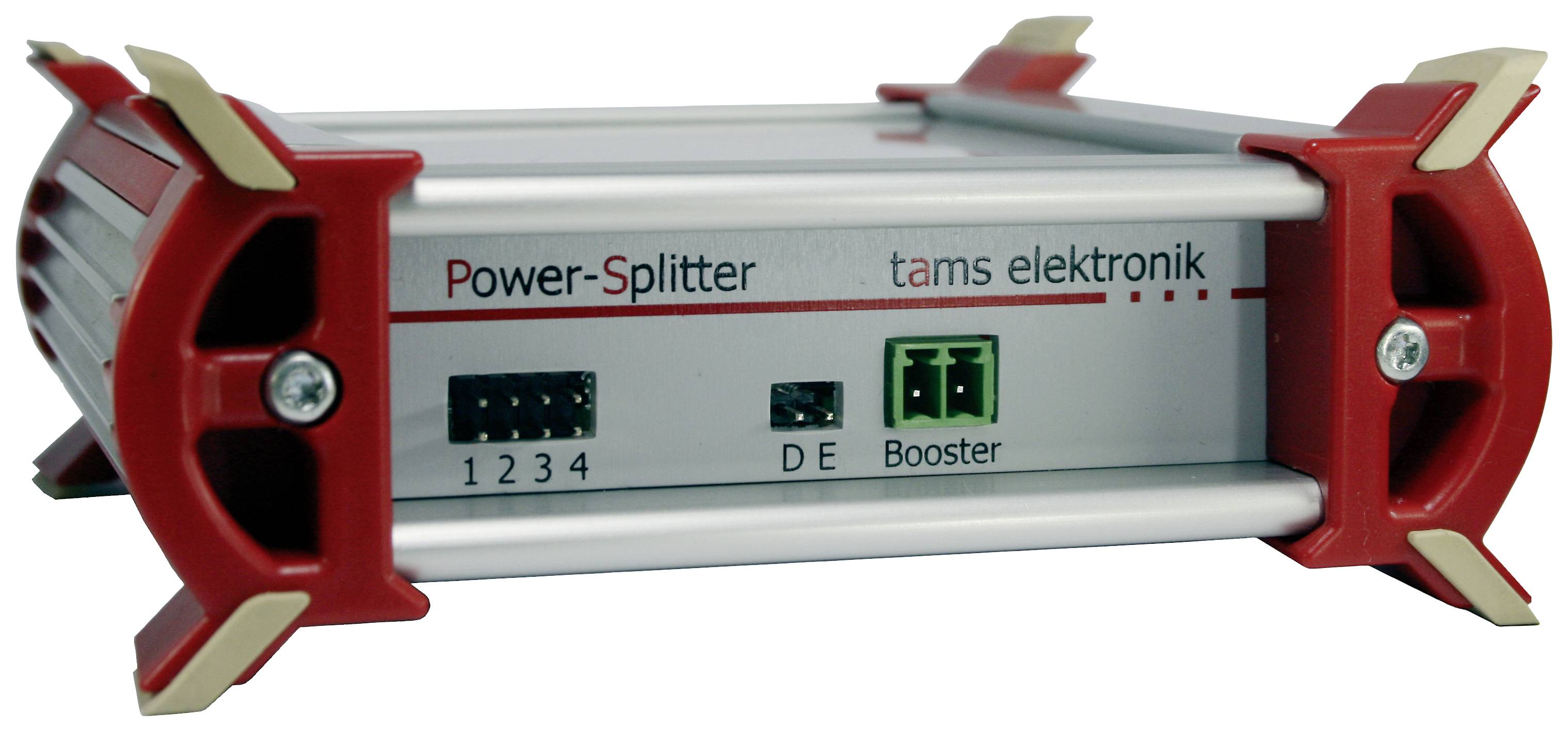 Een rechthoekige Power-Splitter van Tams Elektronik met rode metalen accenten, genummerde aansluitingen en een booster-aansluiting.