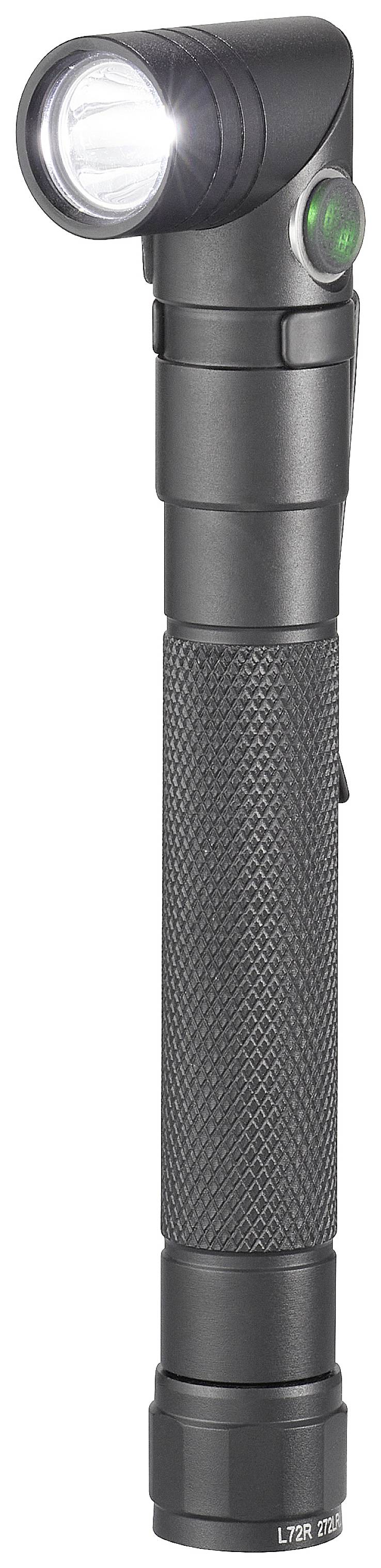 Een zwarte zaklamp met een geknikte lampkop en een gegroefde handgreep. De lampkop is ingeschakeld en schijnt helder.