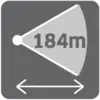Het symbool toont een ultrasone bereik van 184 meter, met pijlen die wijzen op twee richtingen.