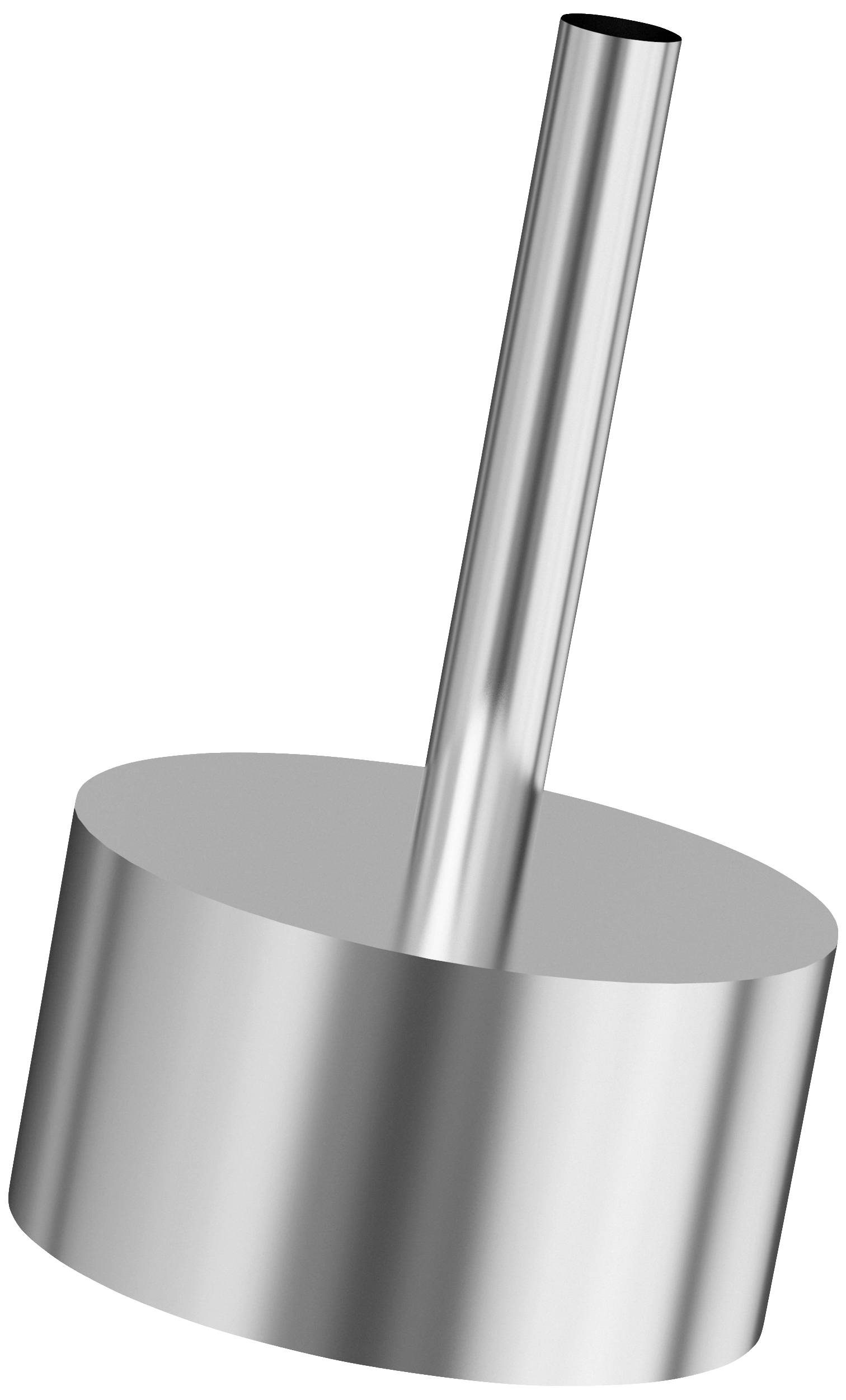 Cilindrisch metalen voorwerp met een lange, rechtopstaande stang. Gladde, glanzende oppervlakte, weergegeven tegen een witte achtergrond.