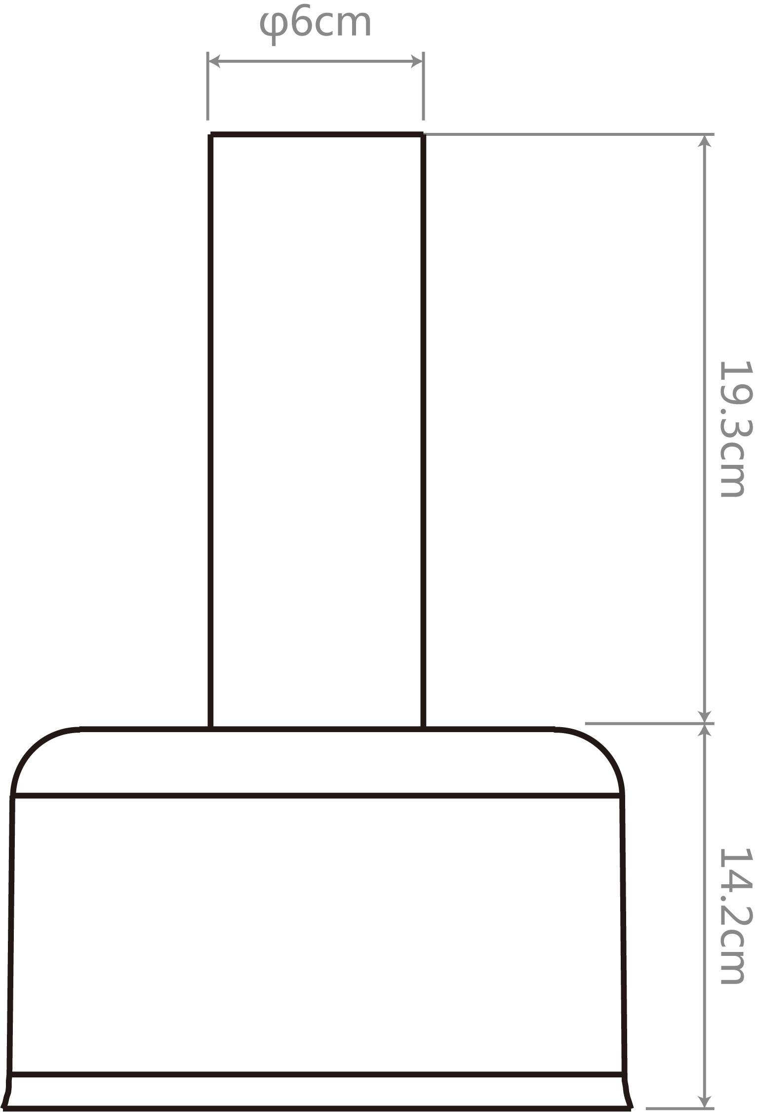 Technische tekening van een cilindrisch object met afmetingen: diameter 6 cm, hoogte 19,3 cm voor het bovenste deel, 14,2 cm voor het onderste deel.