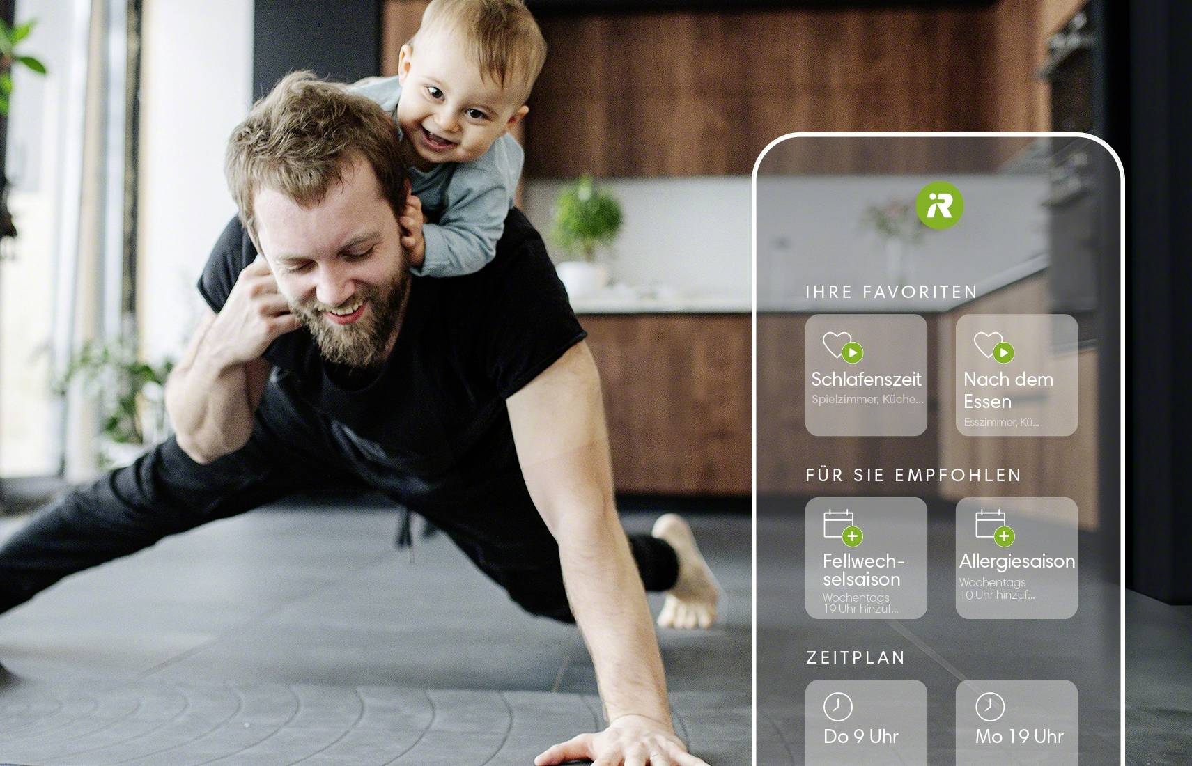 Een man in een zwart shirt doet sport met een kind op zijn rug. Rechts op de afbeelding zijn app-aanbevelingen en favorieten te zien.