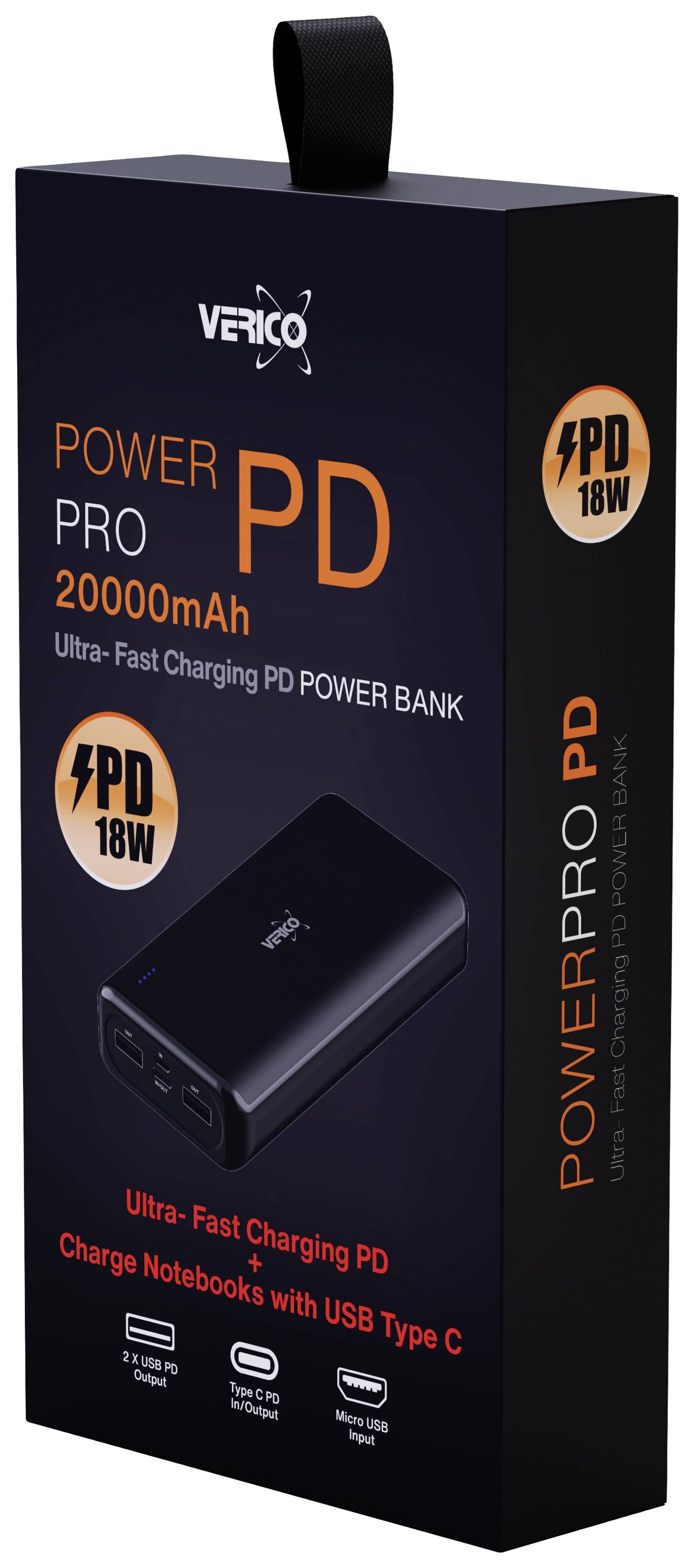 'PowerPro PD 20000mAh' powerbank-verpakking toont productafbeelding, benadrukt snel laden en USB-C-compatibiliteit met 18W PD.