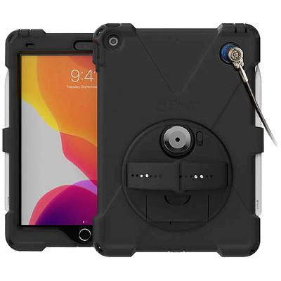 Een tablet in een robuuste zwarte behuizing, voorkant toont een kleurrijk beeldscherm, achterkant met extra beschermingsvoorziening.