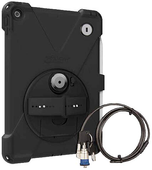 Tablet met zwarte beschermbehuizing en beveiligingsslot. Het slot is verbonden met een kabel om diefstal te voorkomen.