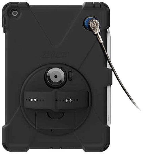 Zwart tablet-behuizing met kabelslot, draaibare houder in het midden, voor robuuste bescherming en bevestiging van apparaten.