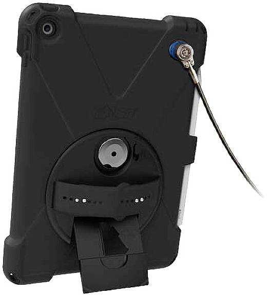 Tablet met een robuuste zwarte behuizing, voorzien van een kabel voor beveiliging en een uitklapbare steun aan de achterkant.