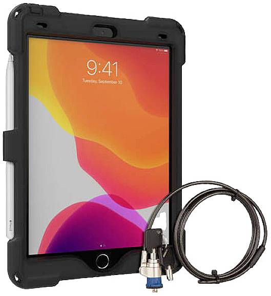 Een tablet in een zwarte beschermhoes met een kabel en adapter ernaast. Het scherm toont de tijd 9:41 en de datum dinsdag, 10 september.