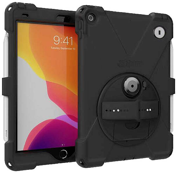Een zwart robuust tablet-behuizing met geïntegreerde standaard en houder, dat in het bijzonder bescherming biedt voor het apparaat.