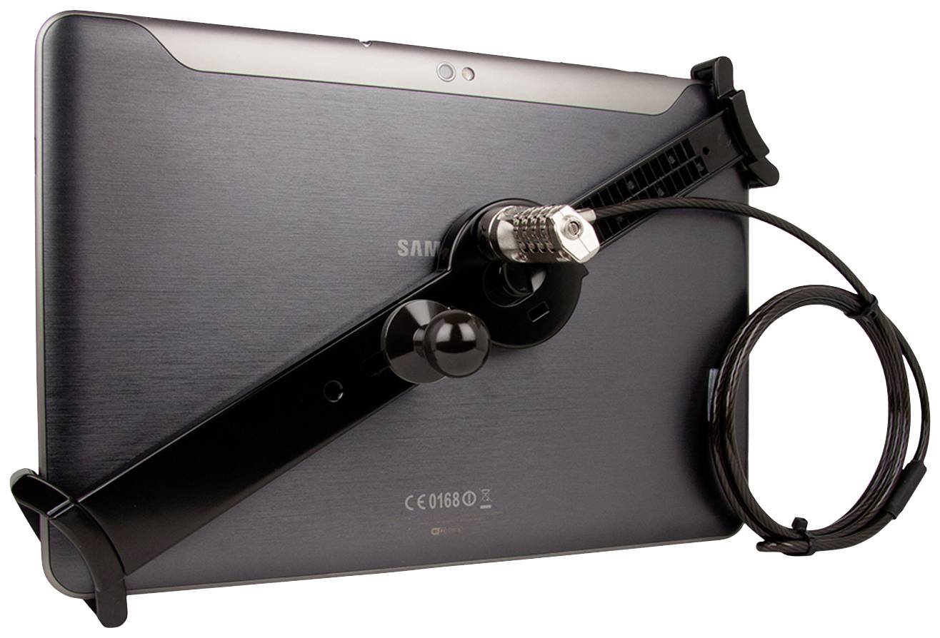 Tablet-achterkant met diefstalbeveiliging door metalen houder en kabelslot.