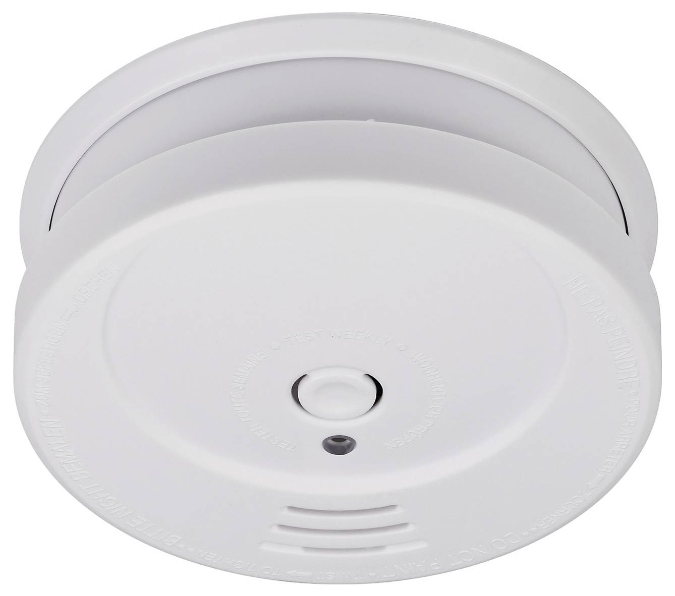 Rookmelder close-up. Witte, ronde vorm met een centrale testknop. Essentieel veiligheidsapparaat voor brandpreventie.