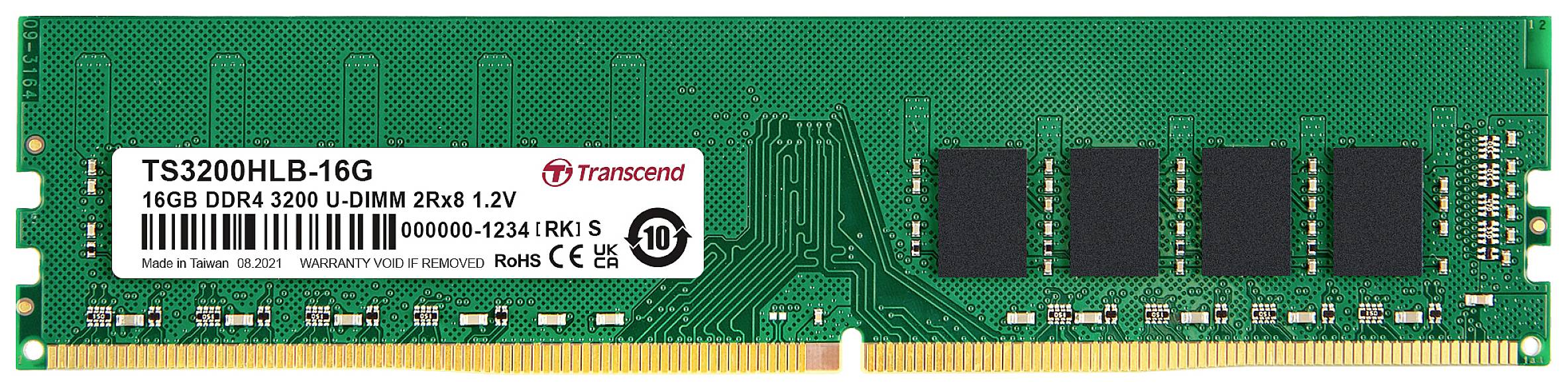 Een DDR4-RAM-module van Transcend met een capaciteit van 16 GB en een snelheid van 3200 MHz, weergegeven in close-up.