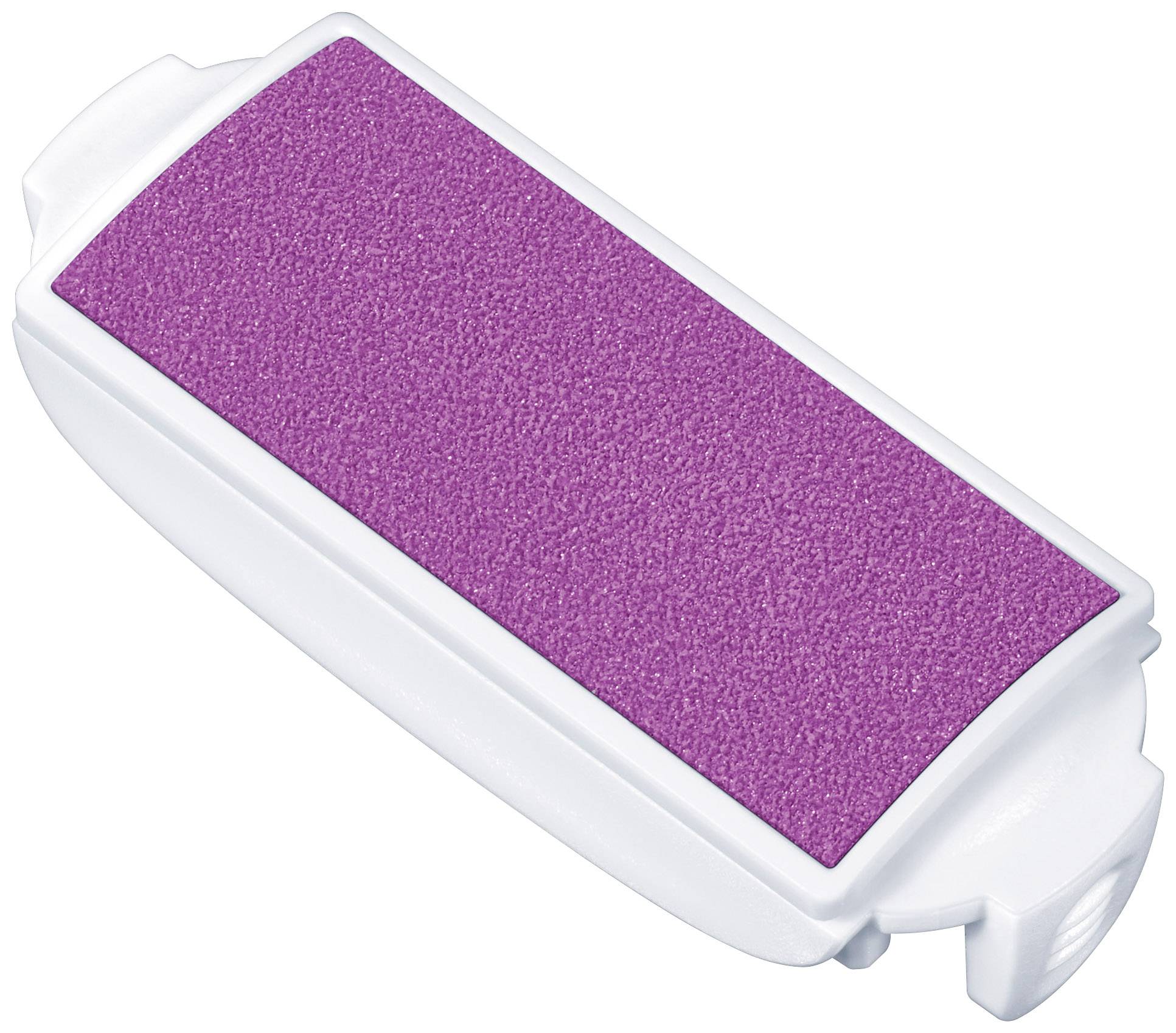 Nagelvijl met een witte handgreep en een grove, paarse vijloppervlakte.