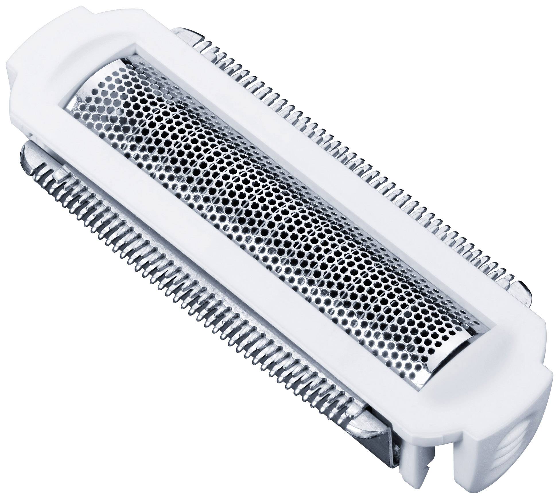 Scheerapparaat met zilveren metalen rooster en witte kunststof onderdelen, bestemd voor elektrische scheerapparaten, geïsoleerd op een witte achtergrond.