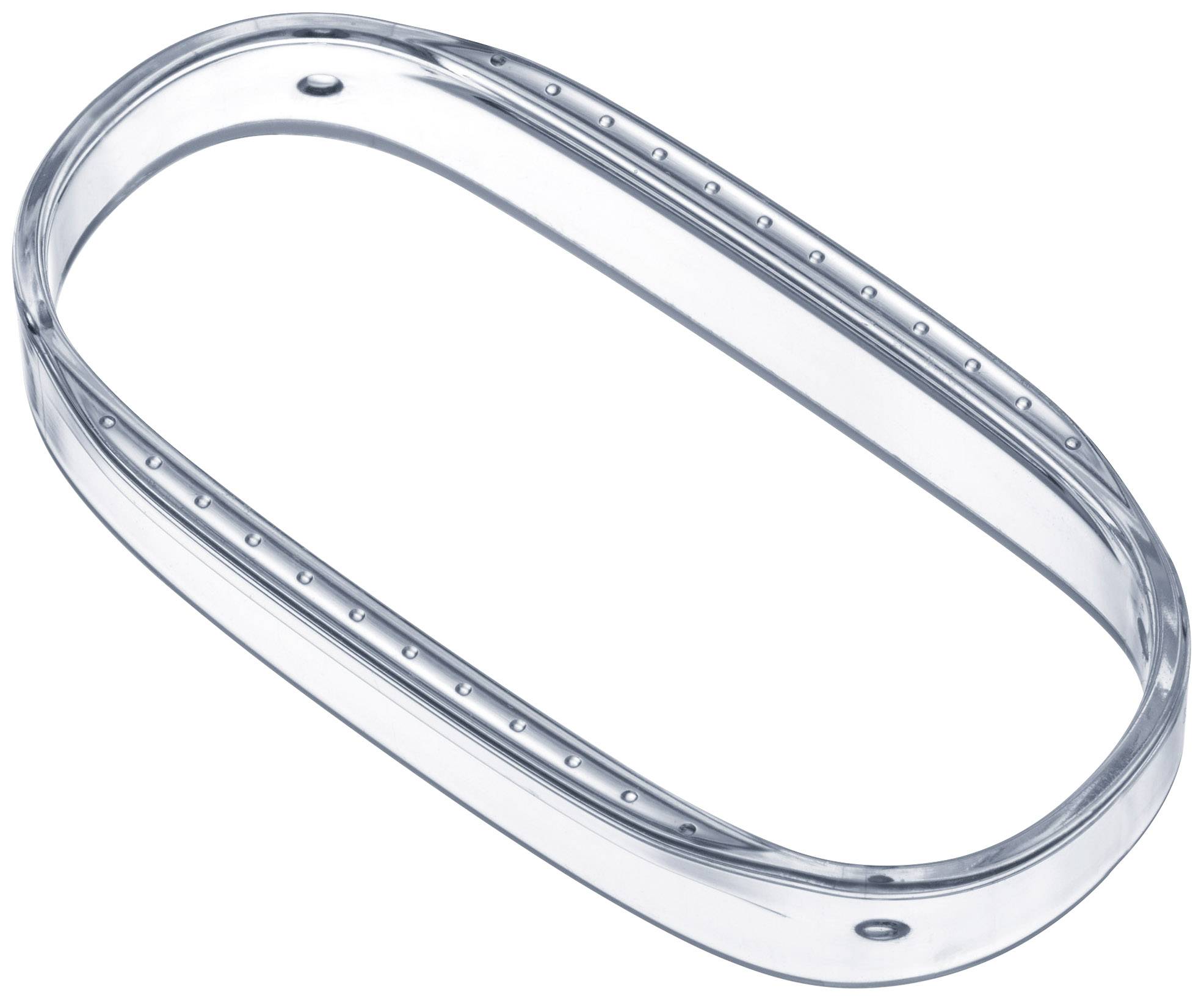 Een transparante ovale plastic lijst met gaatjes langs de rand.