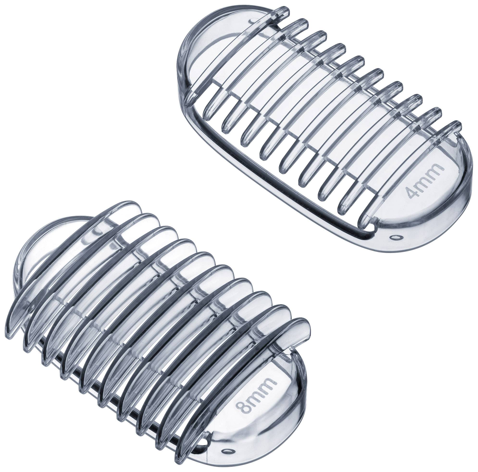 Twee transparante opzetstukken voor het haar, één met een markering van 4 mm, de andere met een markering van 8 mm. Ze worden gebruikt voor het aanpassen van de haarlengte.