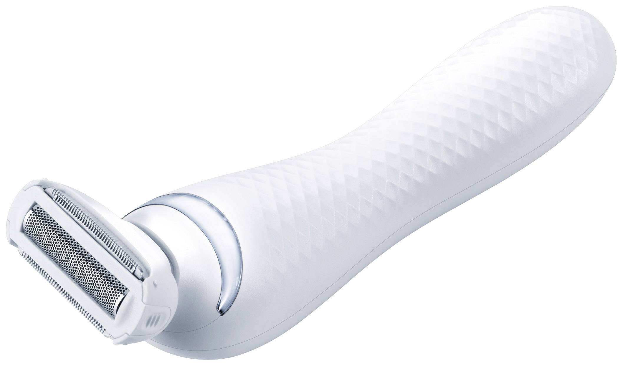 Elektrische scheerapparaat met gestructureerde, ergonomische handgreep en dubbel scheerblad, geschikt voor zachte scheerbeurt.