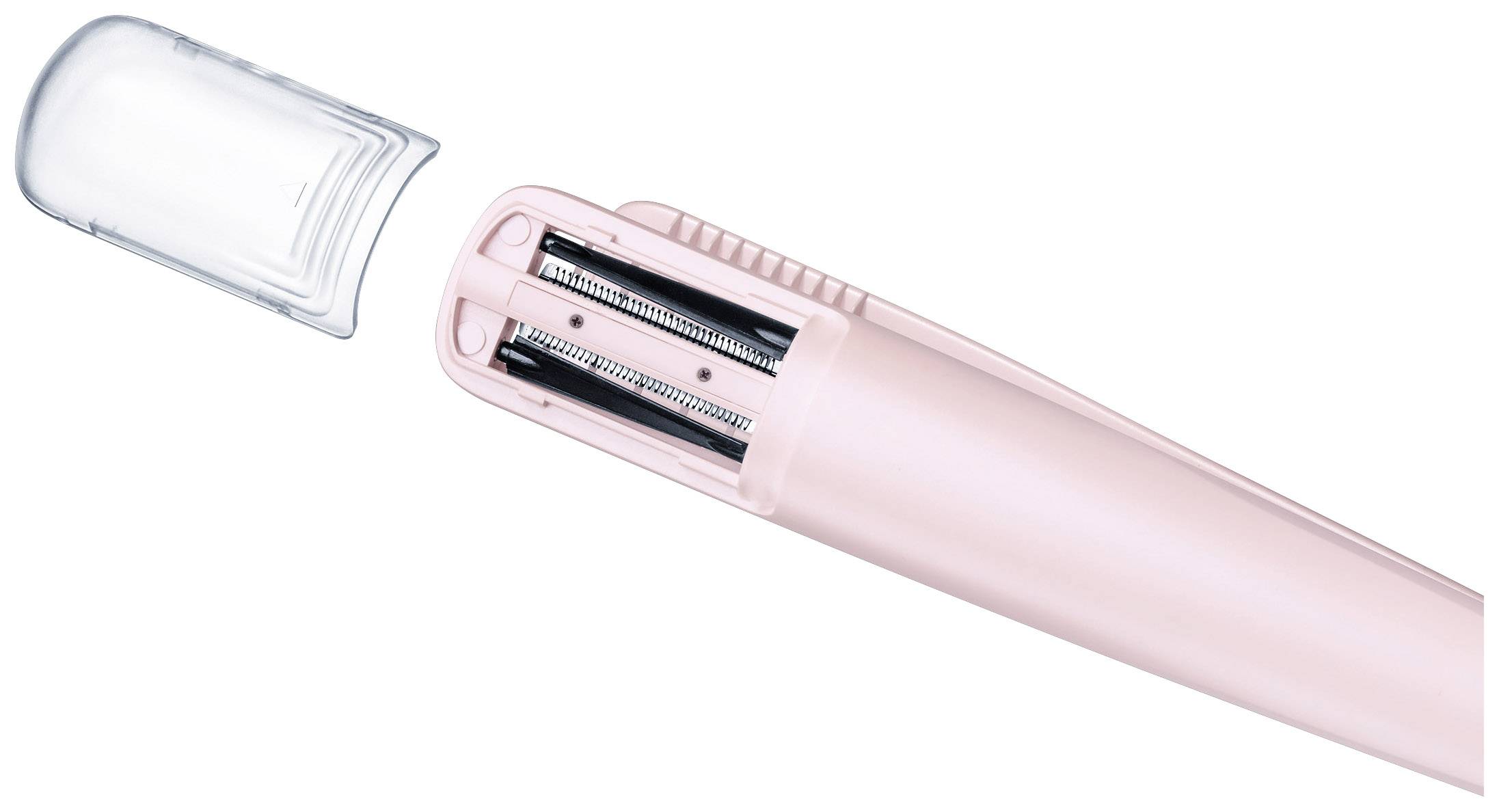 Een draagbare, roze elektrische scheerapparaat met verwijderbare beschermkap, geschikt voor zachte lichaamsontharing.