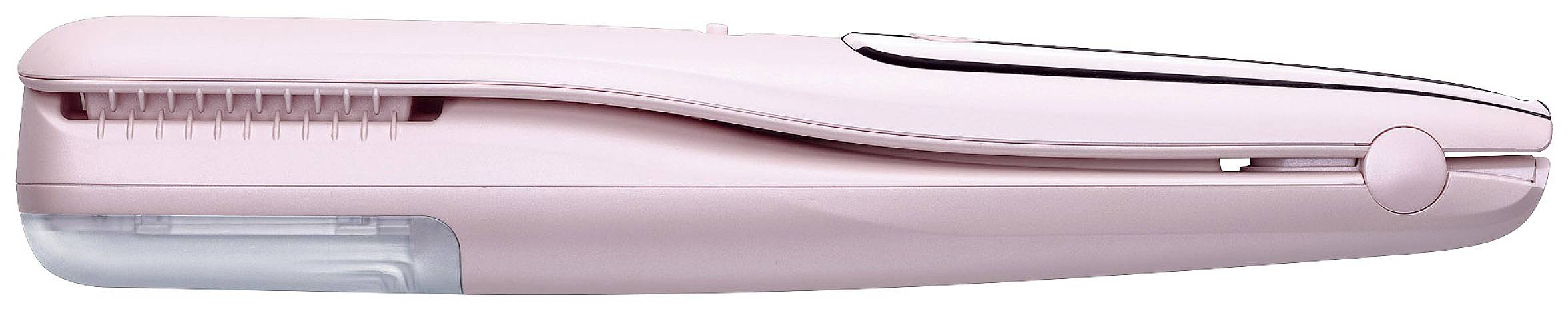 Een roze, draagbare haarstyler in zijaanzicht met afgeronde randen en een geïntegreerde watertank voor stoomproductie.
